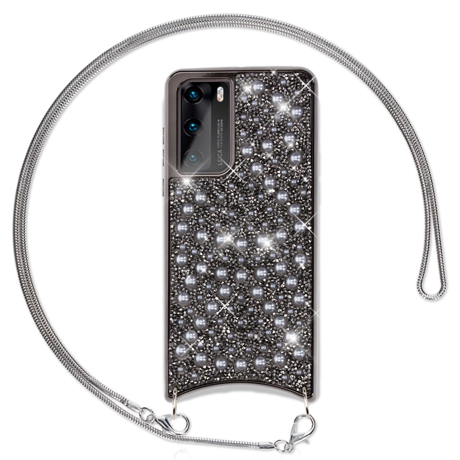 NALIA Glitzer Case mit Kette für Huawei P40, Handy Hülle Umhänge Band Cover Case Schwarz NALIA