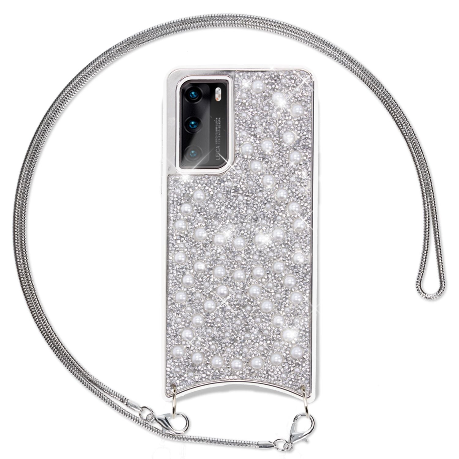 NALIA Glitzer Case mit Kette für Huawei P40, Handy Hülle Umhänge Band Cover Case Silber NALIA