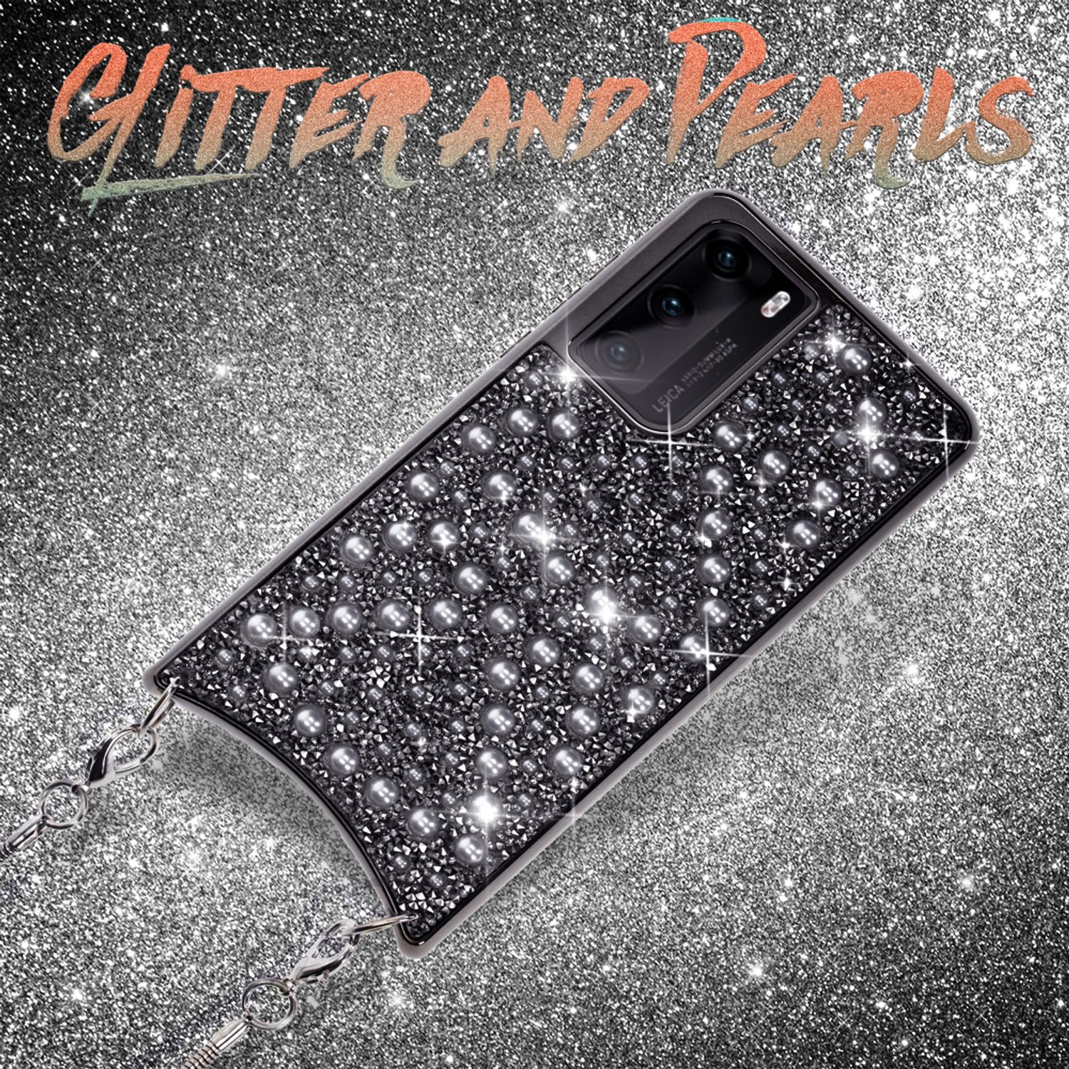 NALIA Glitzer Case mit Kette für Huawei P40, Handy Hülle Umhänge Band Cover Case Silber NALIA