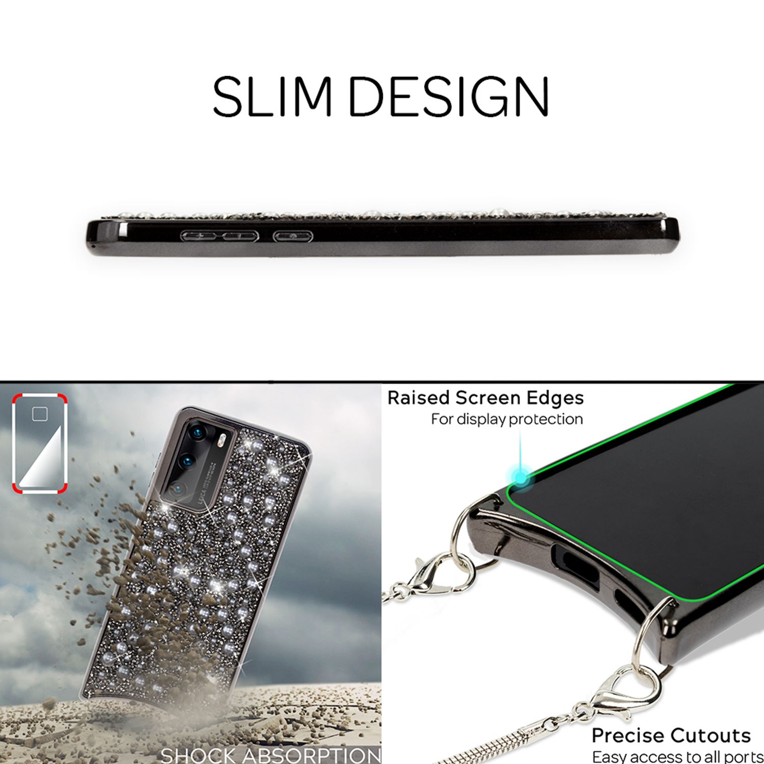 NALIA Glitzer Case mit Kette für Huawei P40, Handy Hülle Umhänge Band Cover Case Schwarz NALIA