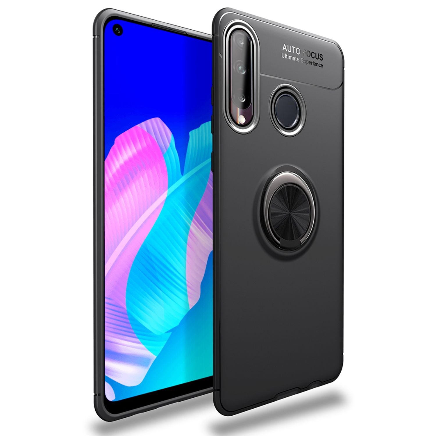 NALIA Ring Handy Hülle für Huawei P40 lite E, Silikon Cover Case mit 360° Halter Schwarz NALIA Protective Hülle