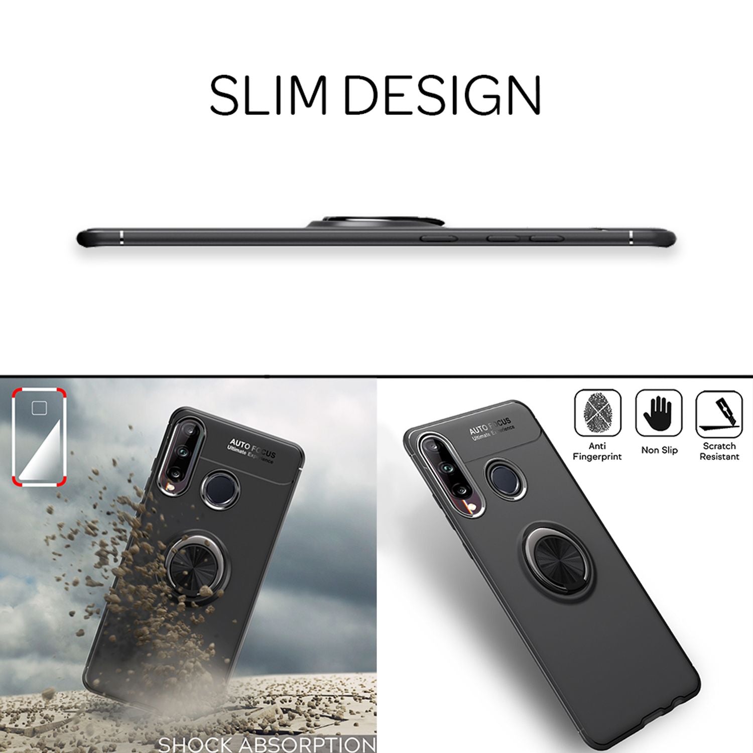 NALIA Ring Handy Hülle für Huawei P40 lite E, Silikon Cover Case mit 360° Halter Schwarz NALIA Protective Hülle