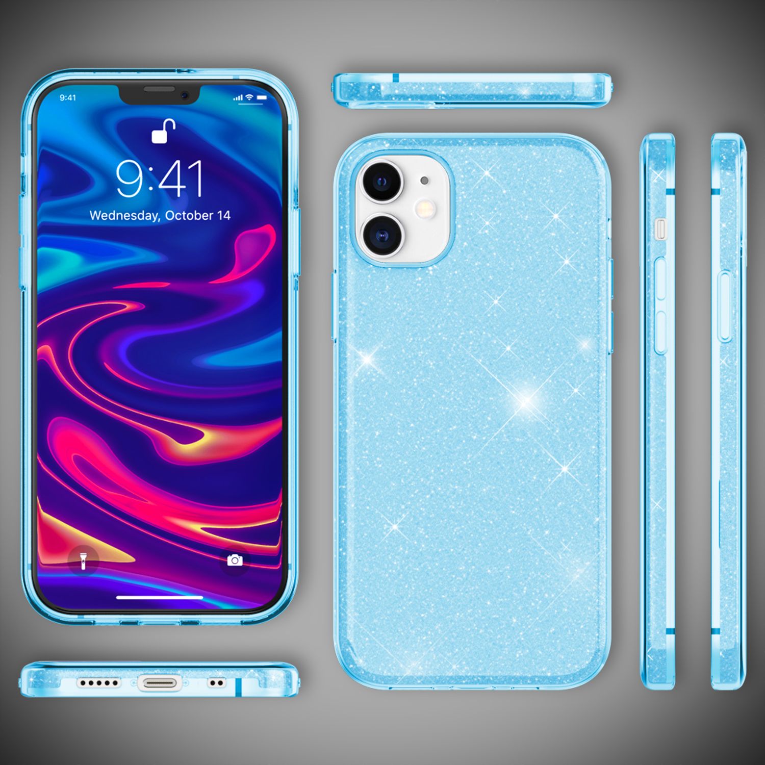 NALIA Glitzer Handy Hülle für iPhone 12 Mini, Bling Case Glitter Cover Schutz Blau NALIA Protective Hülle