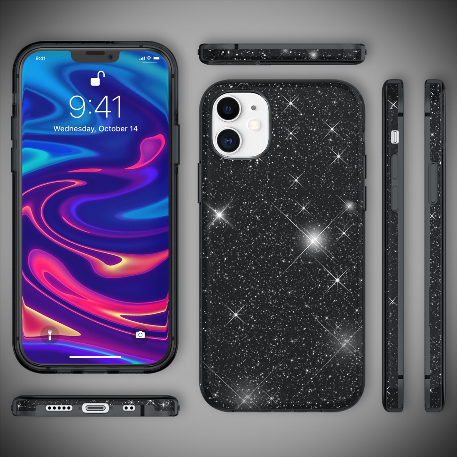 NALIA Glitzer Handy Hülle für iPhone 12 Mini, Bling Case Glitter Cover Schutz Schwarz NALIA Protective Hülle