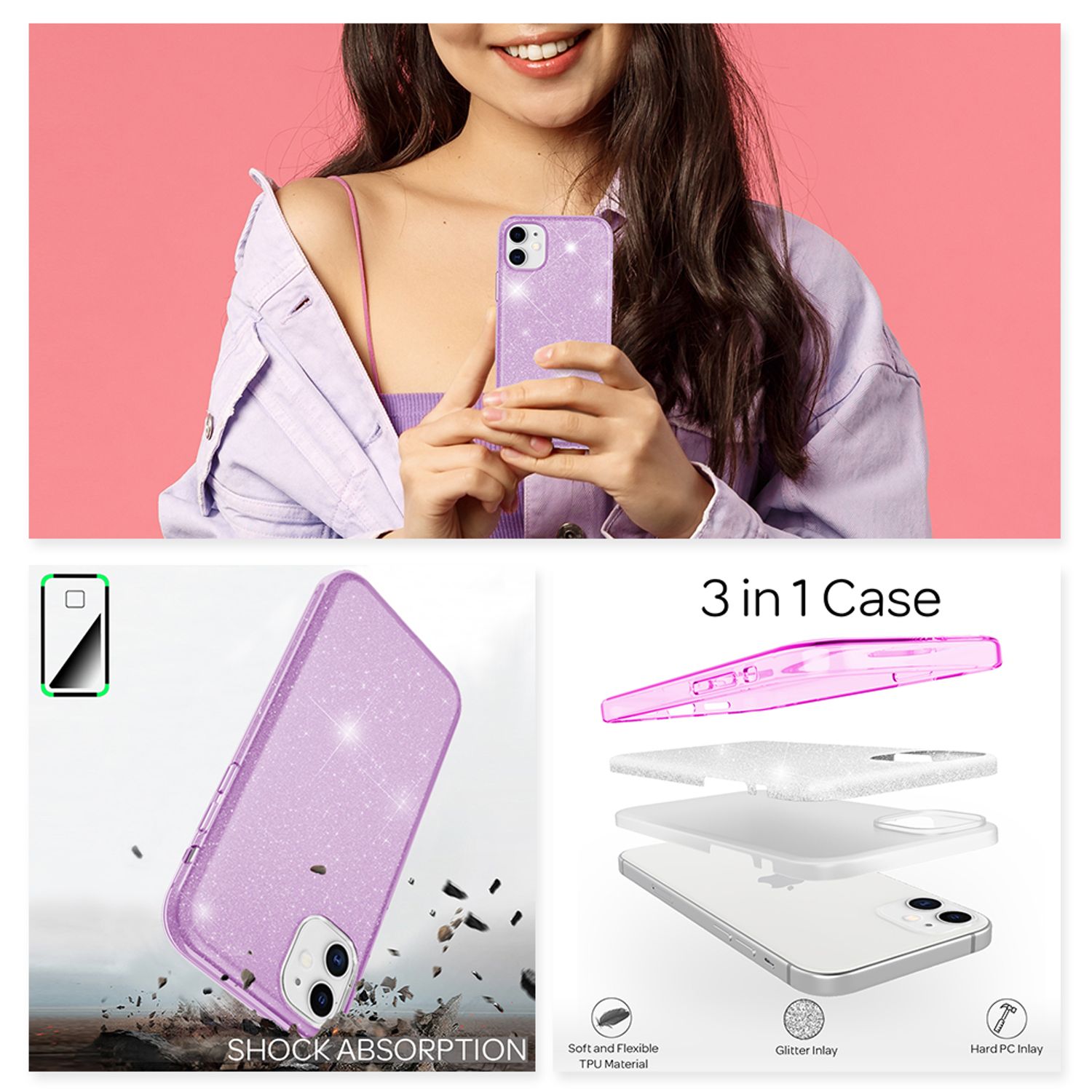 NALIA Glitzer Handy Hülle für iPhone 12 Mini, Bling Case Glitter Cover Schutz Lila NALIA Protective Hülle