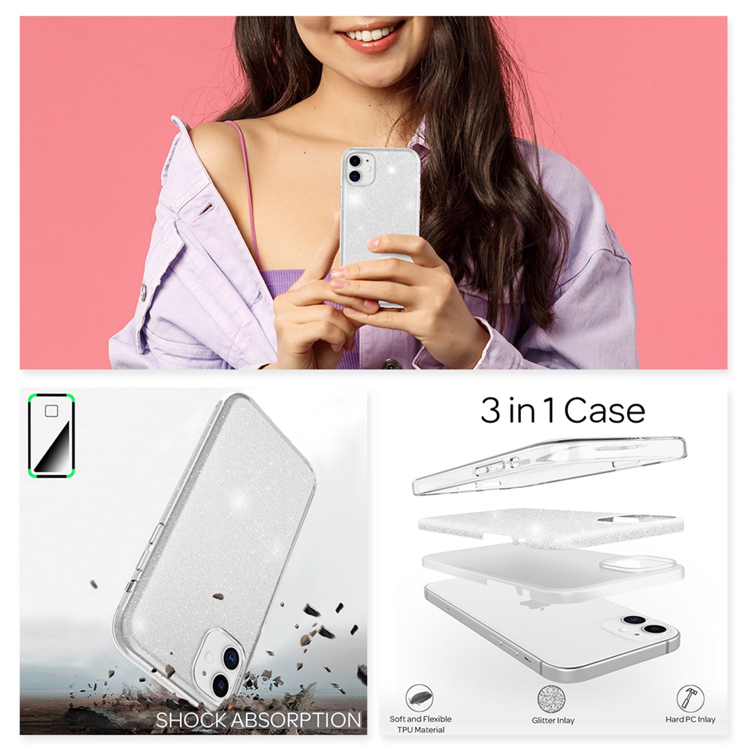 NALIA Glitzer Handy Hülle für iPhone 12 Mini, Bling Case Glitter Cover Schutz Silber NALIA Protective Hülle