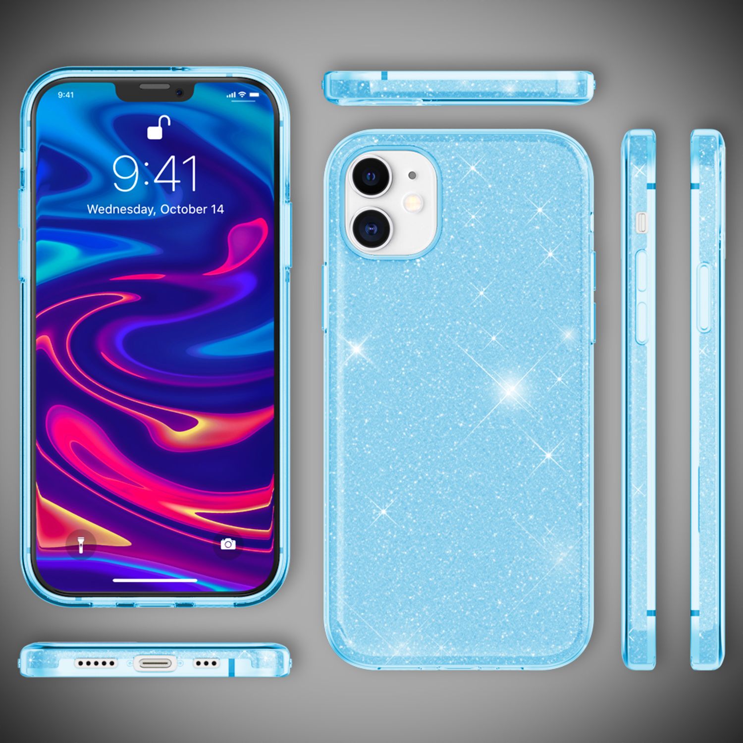 NALIA Glitzer Handy Hülle für iPhone 12 / 12 Pro, Bling Case Case Schutz Cover Blau NALIA Protective Hülle