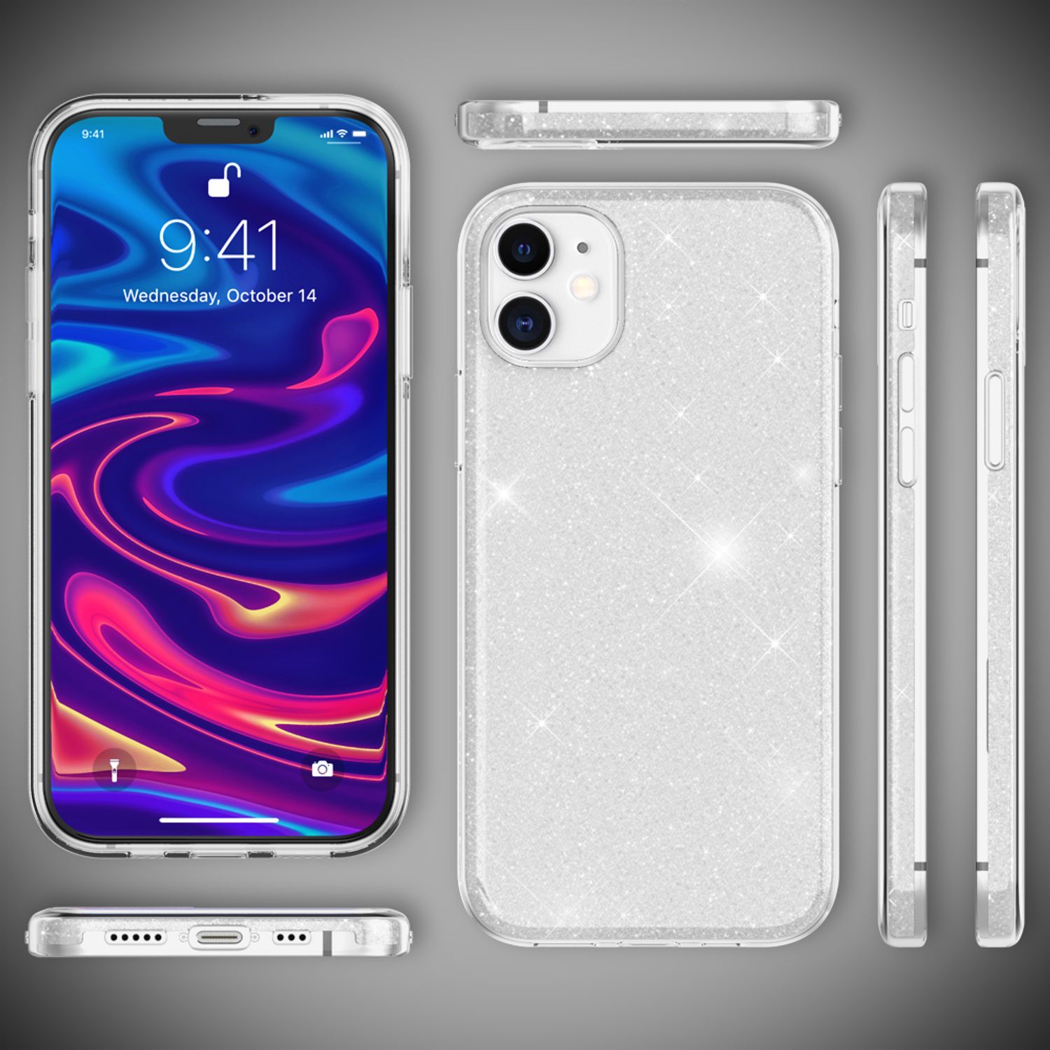 NALIA Glitzer Handy Hülle für iPhone 12 / 12 Pro, Bling Case Case Schutz Cover Silber NALIA Protective Hülle