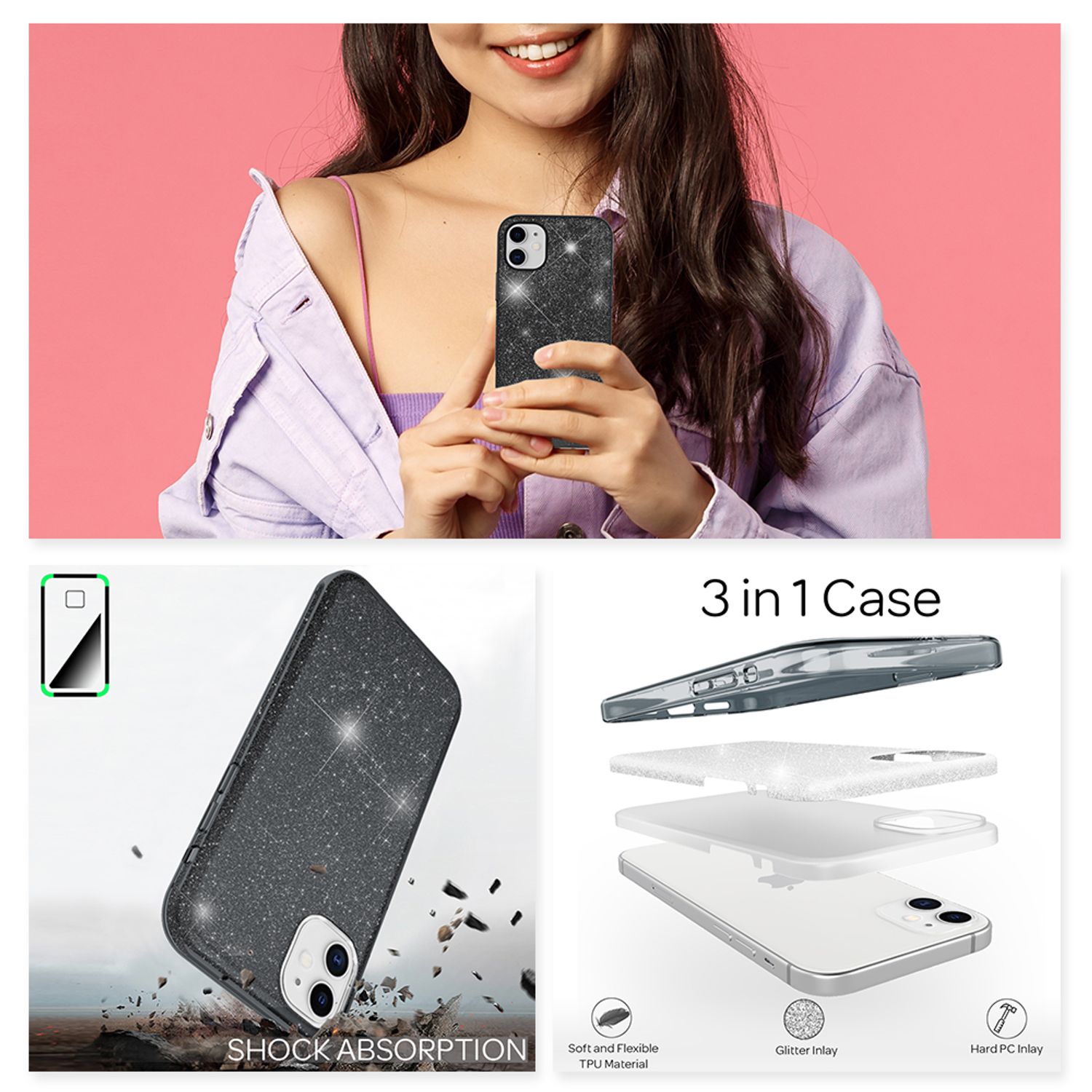 NALIA Glitzer Handy Hülle für iPhone 12 / 12 Pro, Bling Case Case Schutz Cover Schwarz NALIA Protective Hülle