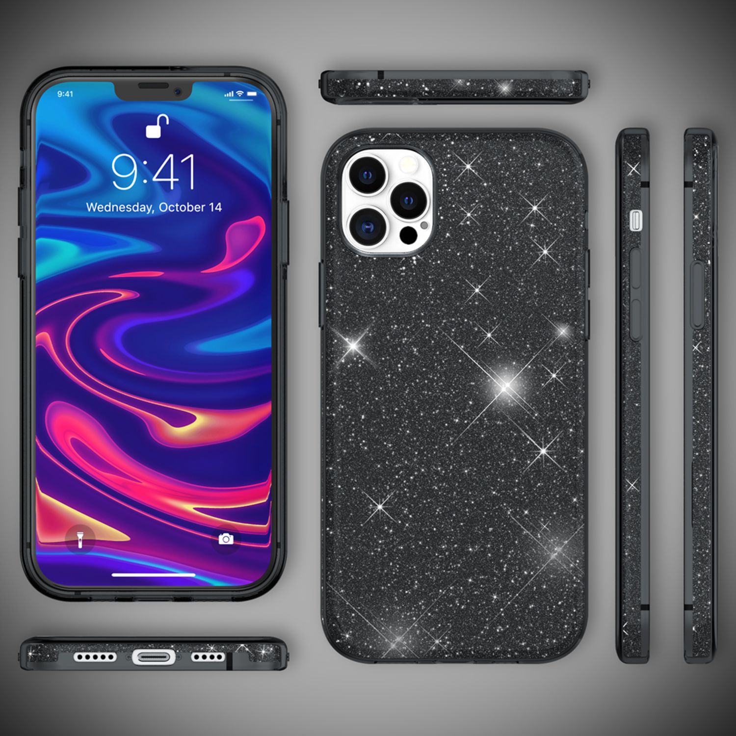 NALIA Glitzer Handy Hülle für iPhone 12 Pro Max, Bling Case Glitter Cover Bumper Schwarz NALIA Protective Hülle