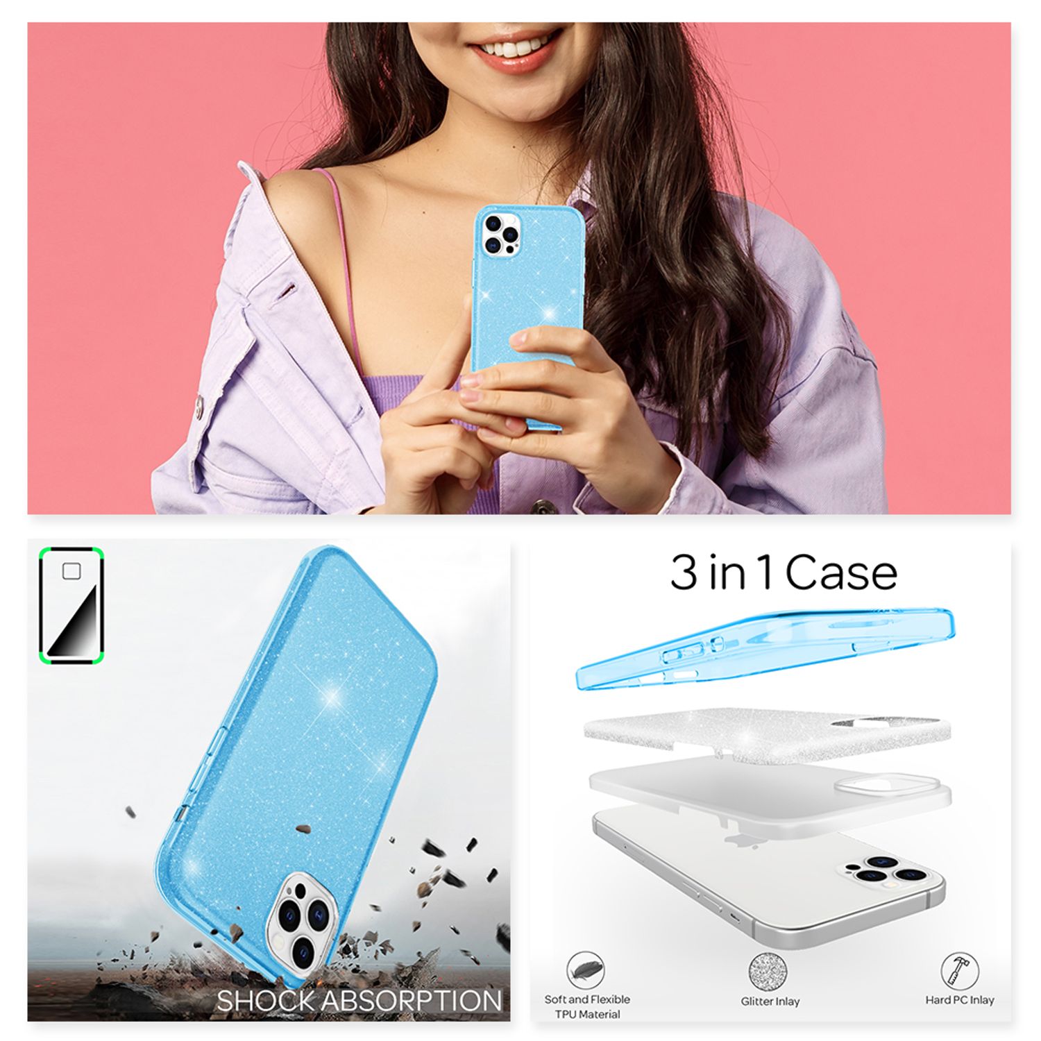 NALIA Glitzer Handy Hülle für iPhone 12 Pro Max, Bling Case Glitter Cover Bumper Blau NALIA Protective Hülle