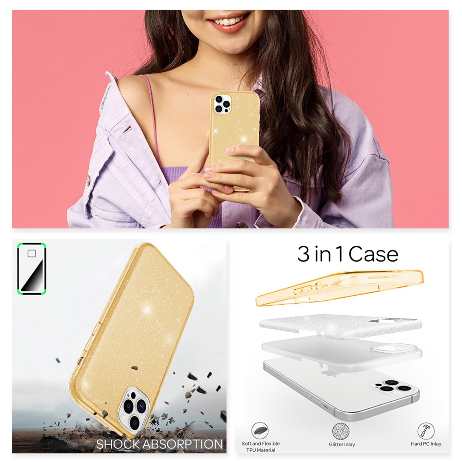 NALIA Glitzer Handy Hülle für iPhone 12 Pro Max, Bling Case Glitter Cover Bumper Gold NALIA Protective Hülle