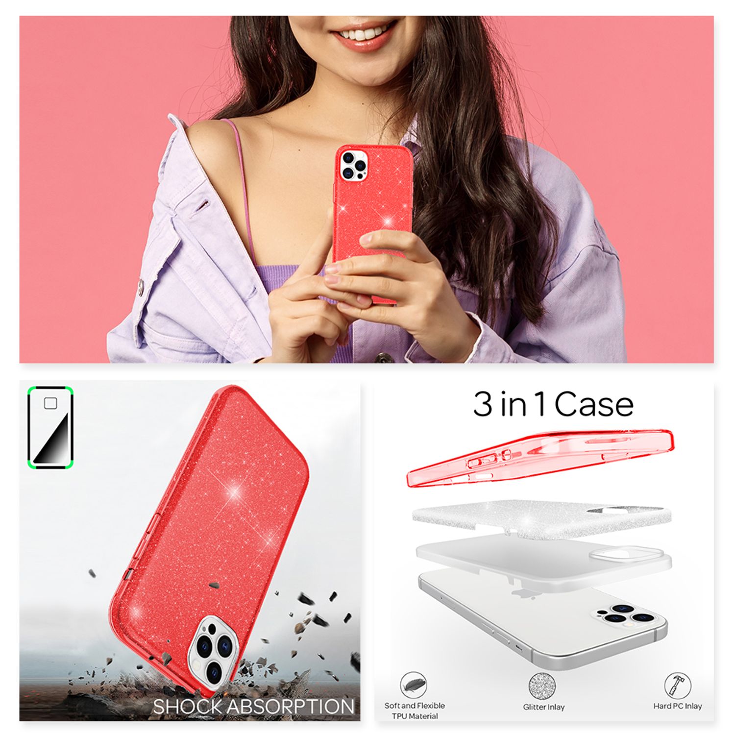 NALIA Glitzer Handy Hülle für iPhone 12 Pro Max, Bling Case Glitter Cover Bumper Rot NALIA Protective Hülle