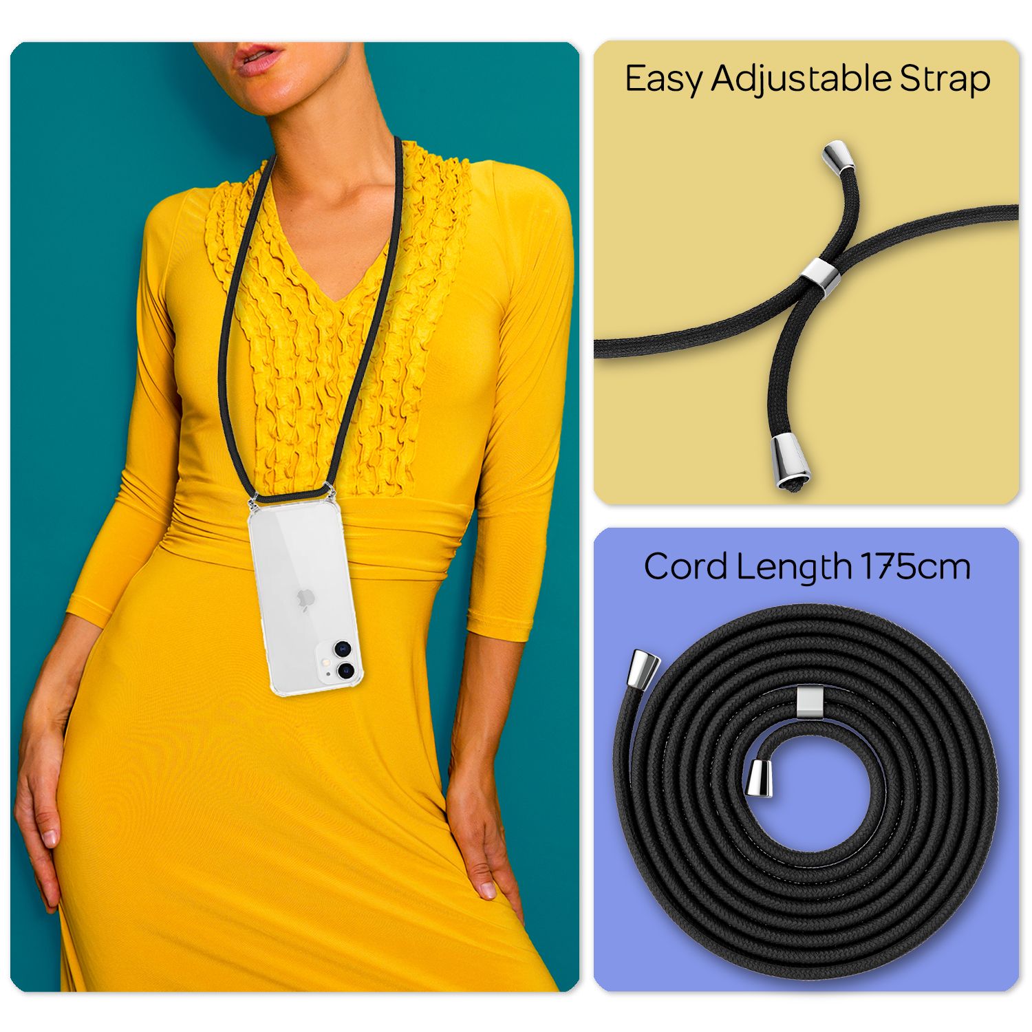 NALIA Handy Hülle mit Kette für iPhone 12 mini, Hard Case Kordel Cover Schale Schwarz NALIA Transparente Hülle