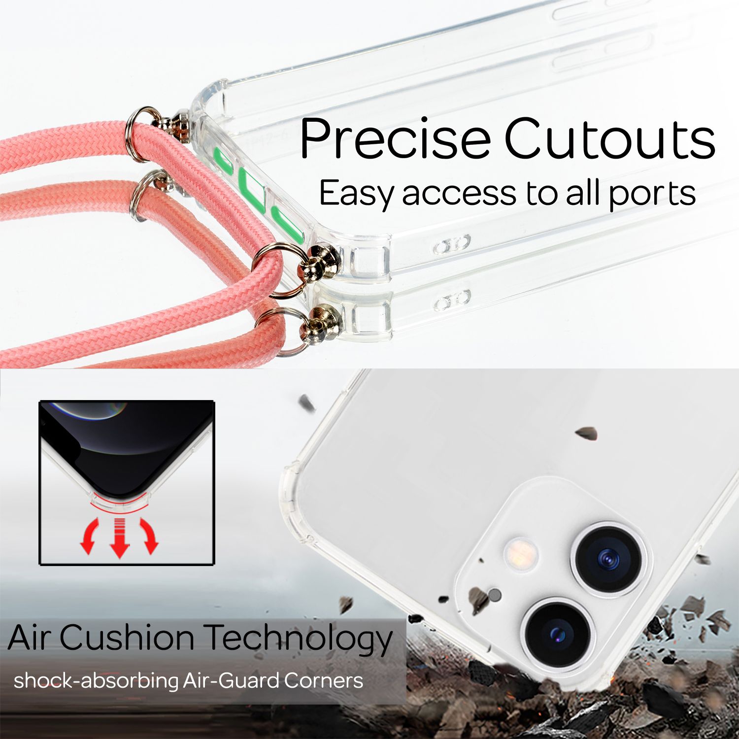 NALIA Handy Hülle mit Kette für iPhone 12/ iPhone 12 Pro, Hard Case Schutz Cover Schwarz Bunt NALIA Transparente Hülle