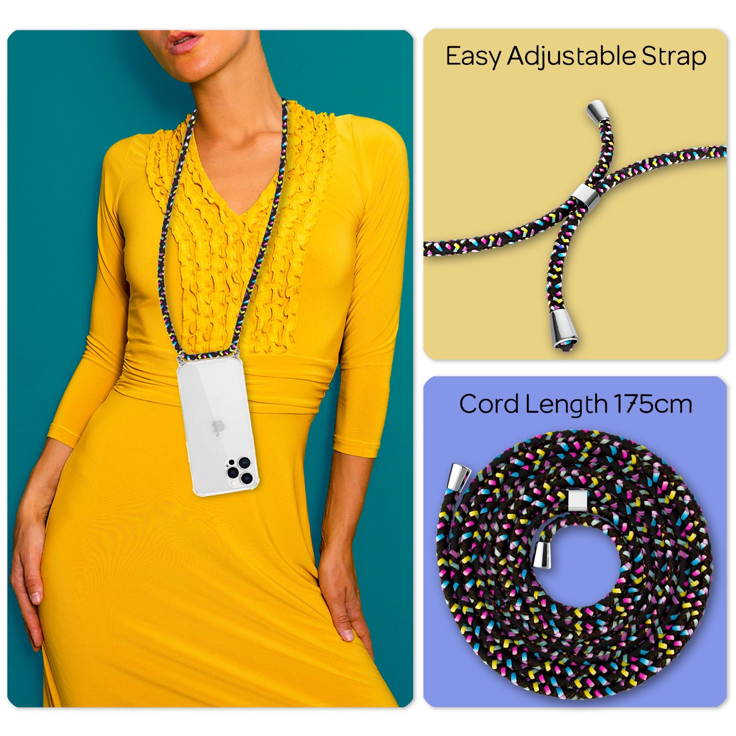 NALIA Handy Hülle mit Kette für iPhone 12 Pro Max, Hard Case Kordel Cover Bumper Schwarz Bunt NALIA Transparente Hülle