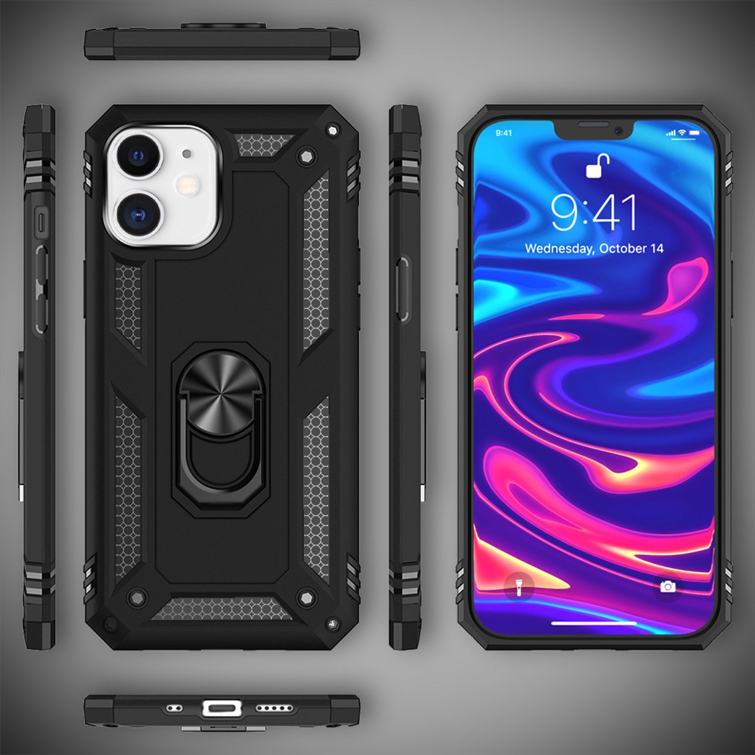 NALIA Ring Hülle für iPhone 12 mini, Silikon Cover Hard Case Handy Schutz Tasche Schwarz NALIA Protective Hülle