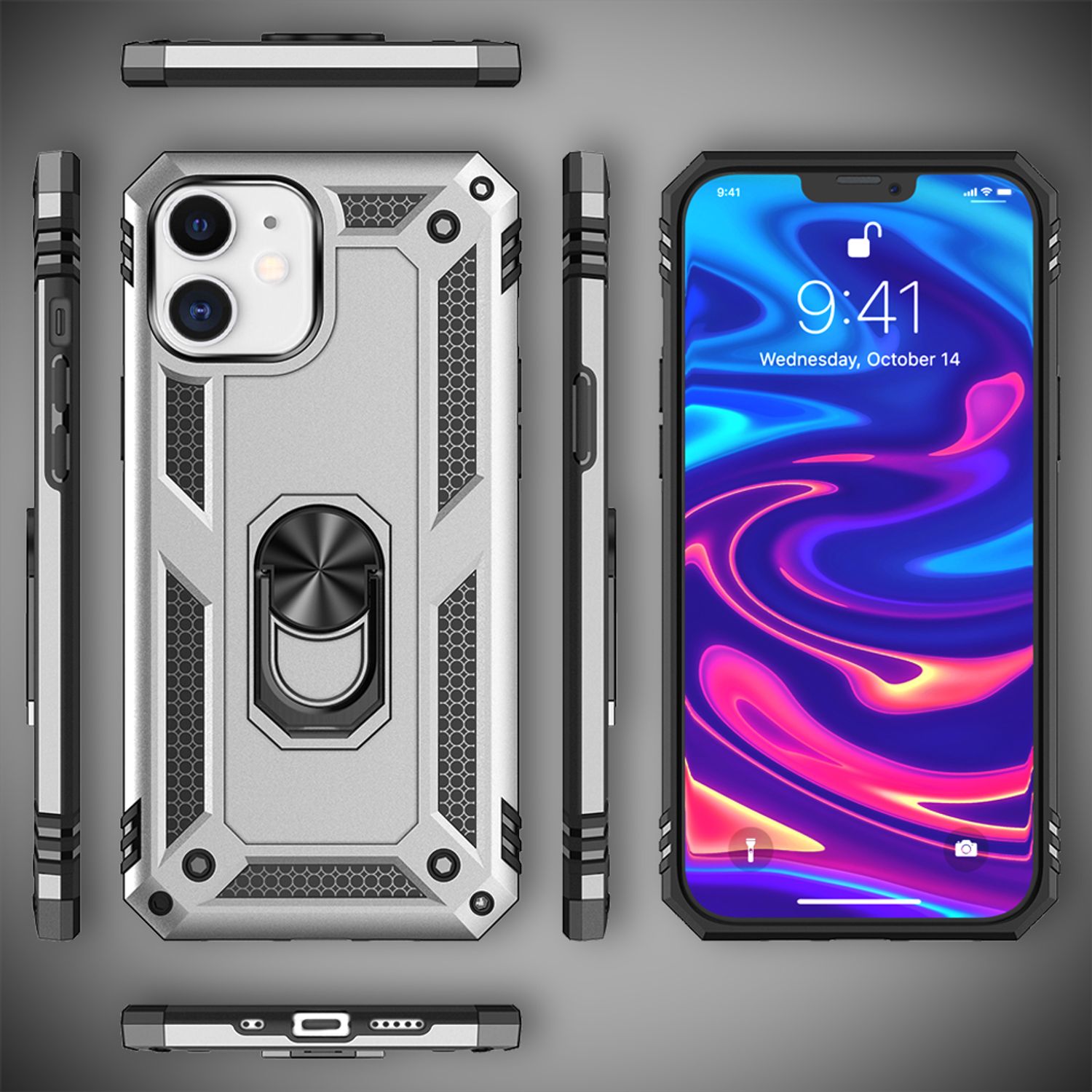 NALIA Ring Hülle für iPhone 12 mini, Silikon Cover Hard Case Handy Schutz Tasche Silber NALIA Protective Hülle