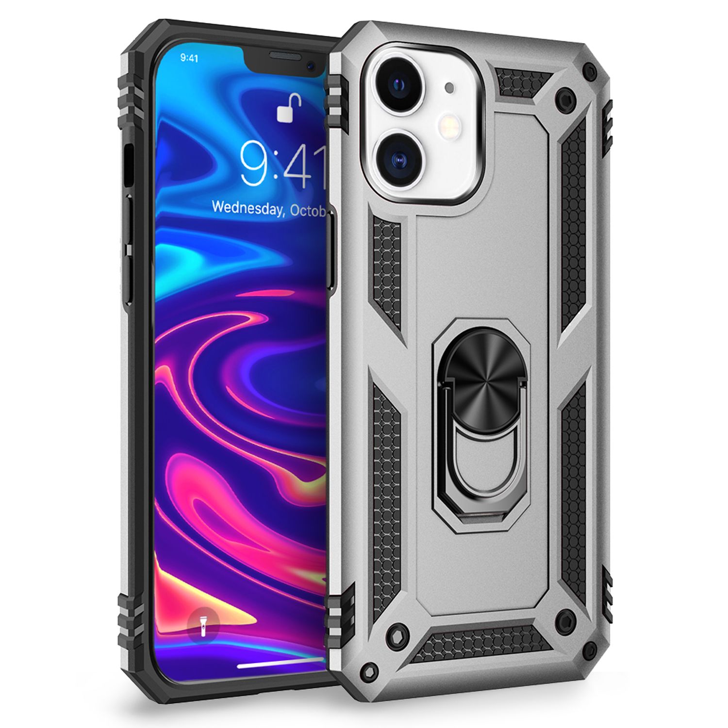 NALIA Ring Hülle für iPhone 12/ iPhone 12 Pro, Handy Hard Case Schutz Cover Etui Silber NALIA Protective Hülle