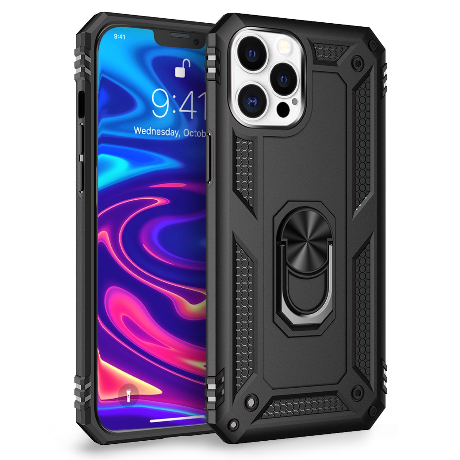NALIA Ring Hülle für iPhone 12 Pro Max, Silikon Cover Hard Case Handy Etui Slim Schwarz NALIA Protective Hülle
