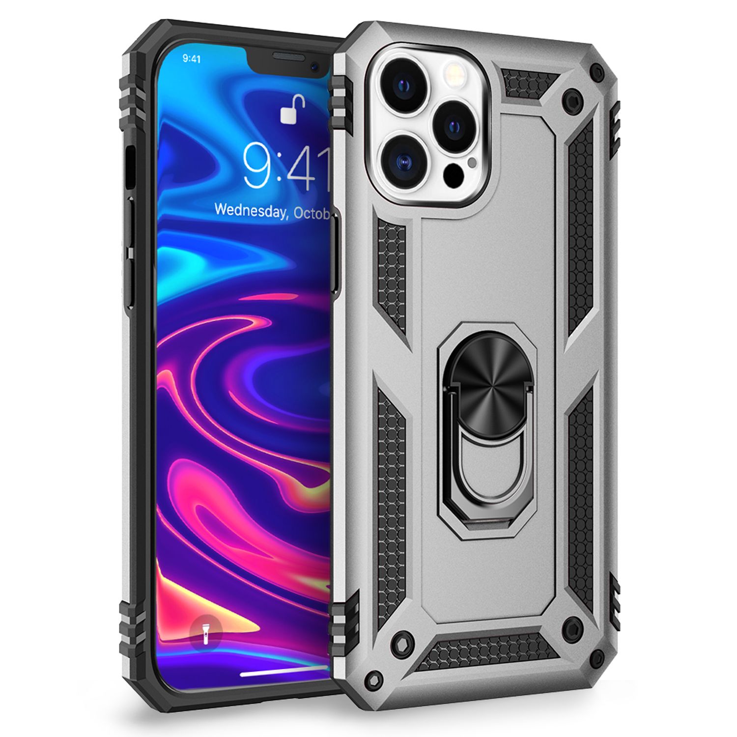 NALIA Ring Hülle für iPhone 12 Pro Max, Silikon Cover Hard Case Handy Etui Slim Silber NALIA Protective Hülle