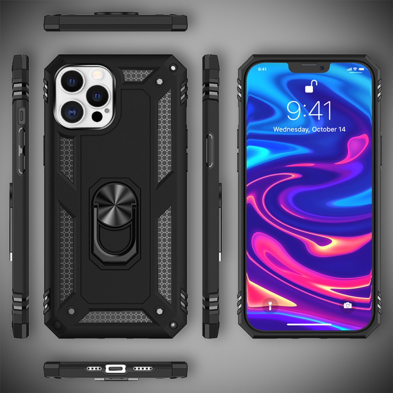 NALIA Ring Hülle für iPhone 12 Pro Max, Silikon Cover Hard Case Handy Etui Slim Schwarz NALIA Protective Hülle