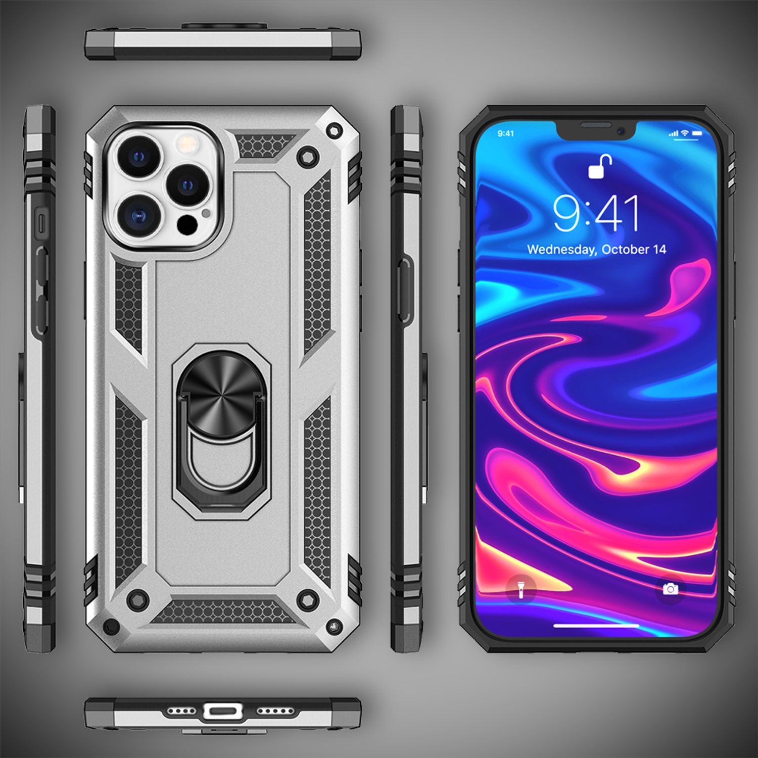 NALIA Ring Hülle für iPhone 12 Pro Max, Silikon Cover Hard Case Handy Etui Slim Silber NALIA Protective Hülle