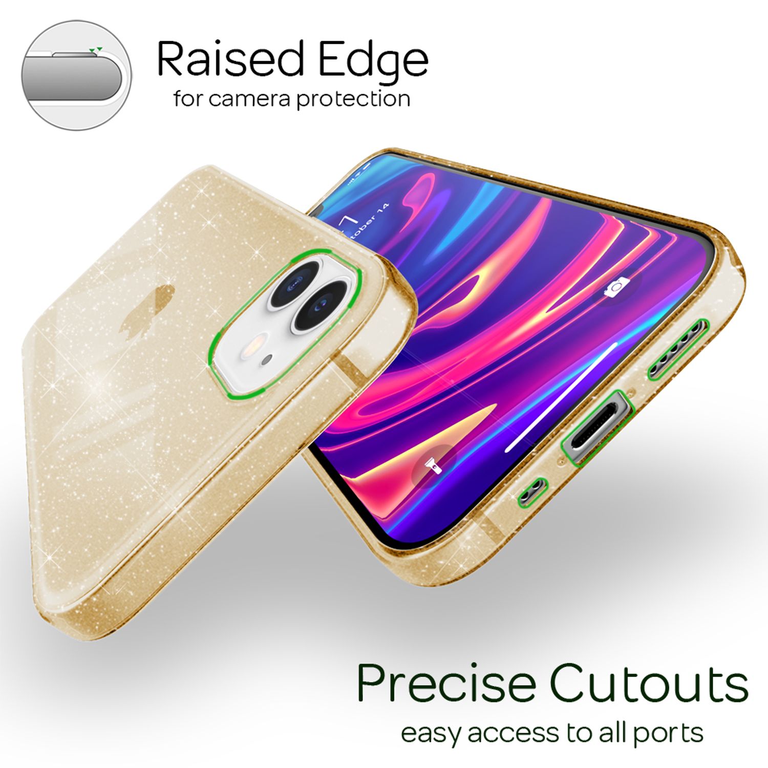 NALIA Glitzer Hülle für iPhone 12 mini, Bling Handy Cover Glitter Case Schutz Gold NALIA Transparente Hülle