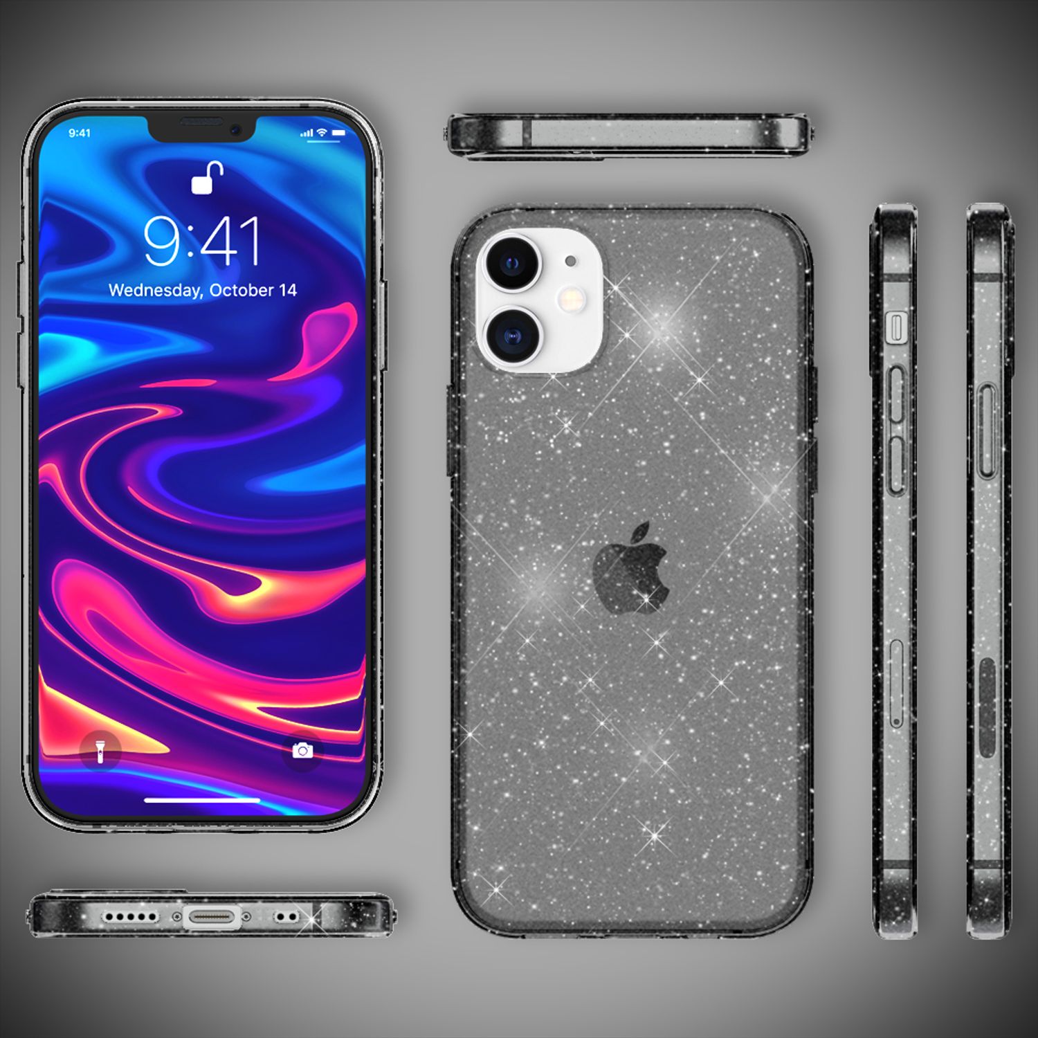 NALIA Glitzer Hülle für iPhone 12 mini, Bling Handy Cover Glitter Case Schutz Schwarz NALIA Transparente Hülle