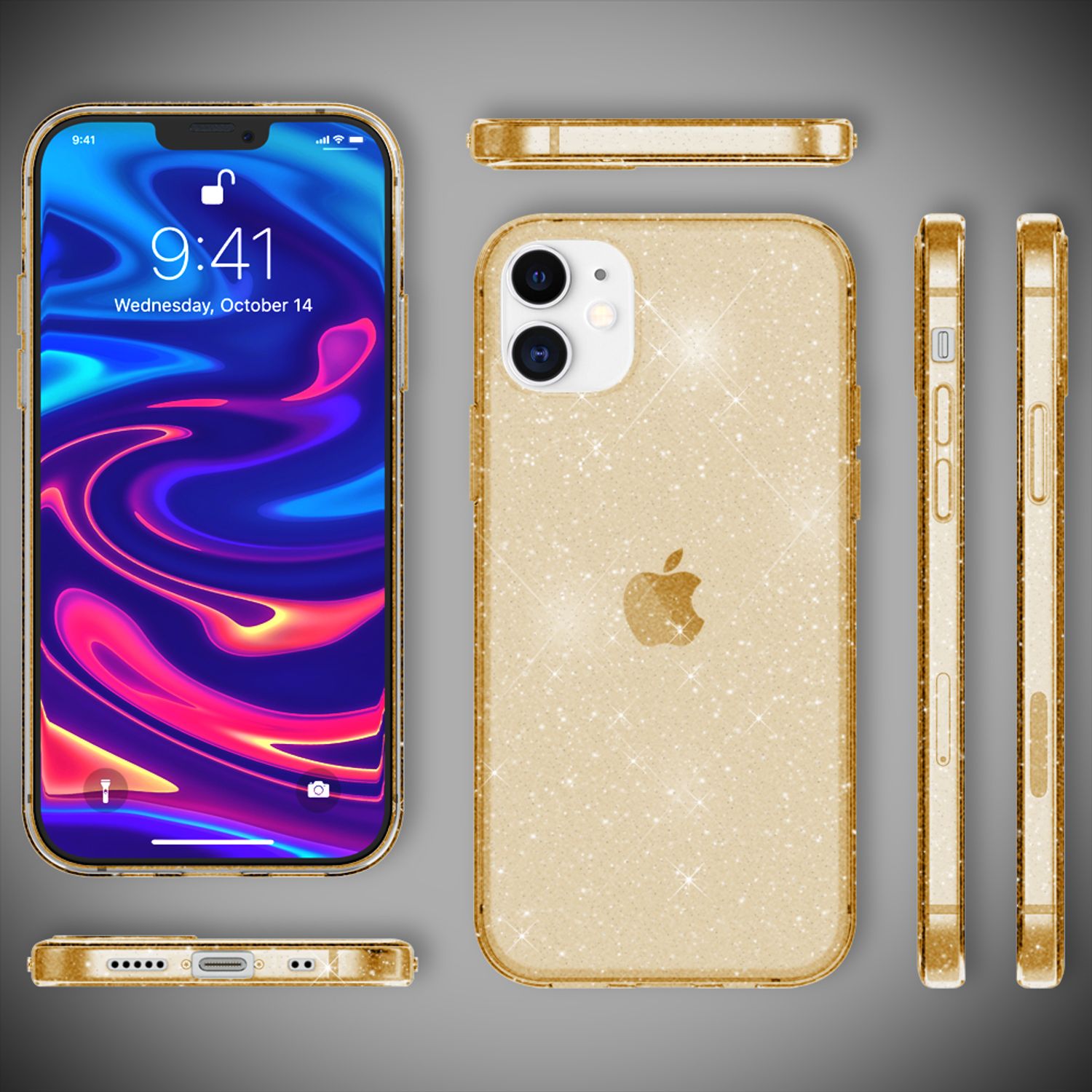 NALIA Glitzer Hülle für iPhone 12 mini, Bling Handy Cover Glitter Case Schutz Gold NALIA Transparente Hülle