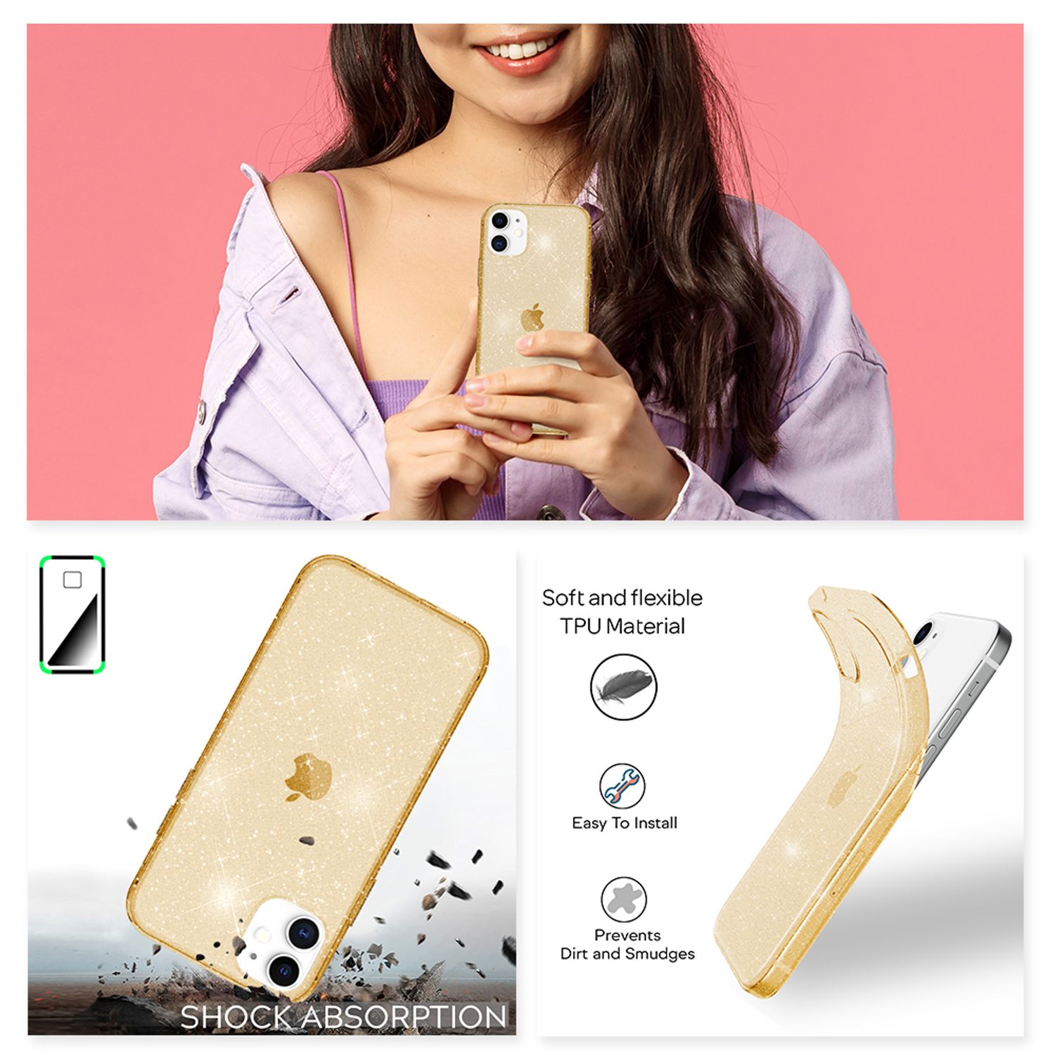 NALIA Glitzer Hülle für iPhone 12 mini, Bling Handy Cover Glitter Case Schutz Gold NALIA Transparente Hülle