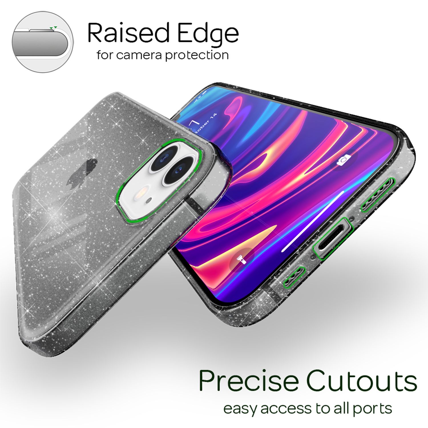 NALIA Glitzer Hülle für iPhone 12 / iPhone 12 Pro, Bling Handy Cover Schutz Case Schwarz NALIA Transparente Hülle