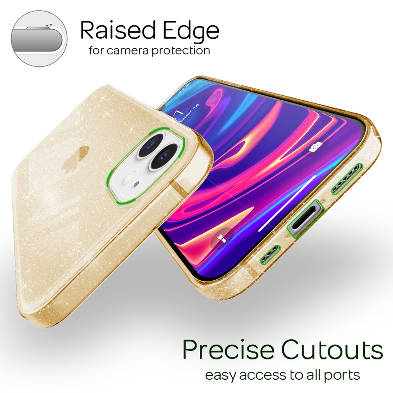 NALIA Glitzer Hülle für iPhone 12 / iPhone 12 Pro, Bling Handy Cover Schutz Case Gold NALIA Transparente Hülle