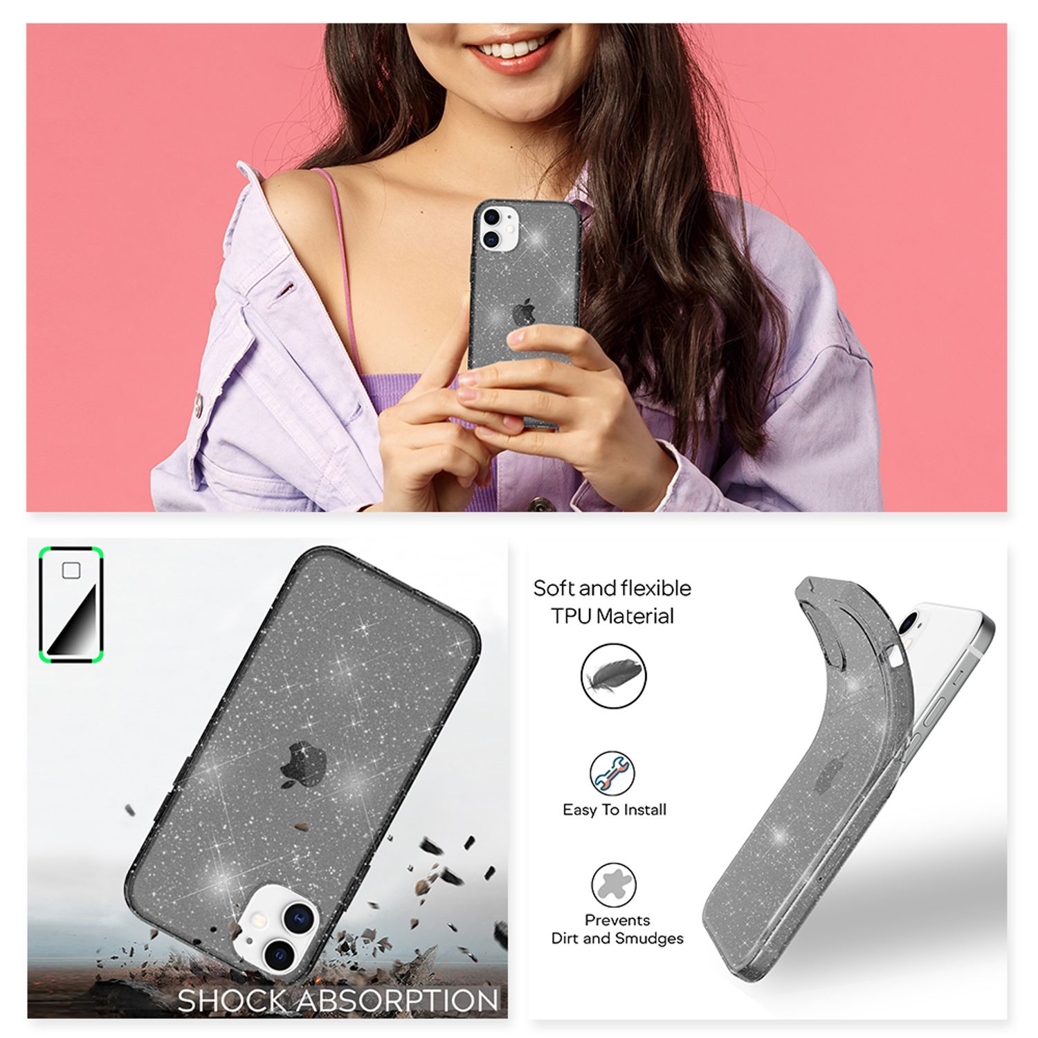 NALIA Glitzer Hülle für iPhone 12 / iPhone 12 Pro, Bling Handy Cover Schutz Case Schwarz NALIA Transparente Hülle