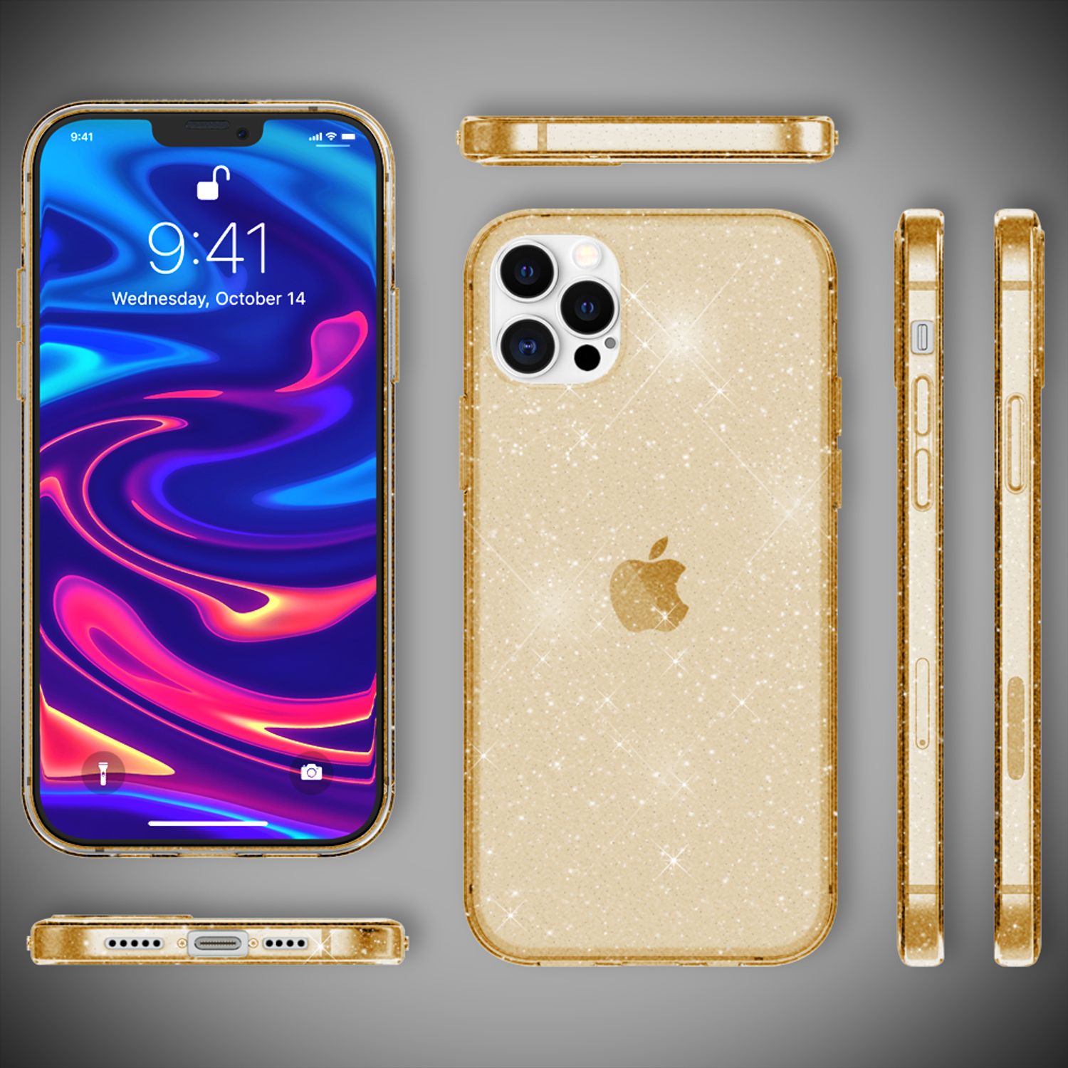 NALIA Glitzer Hülle für iPhone 12 Pro Max, Bling Handy Cover Schutz Glitter Case Gold NALIA Transparente Hülle