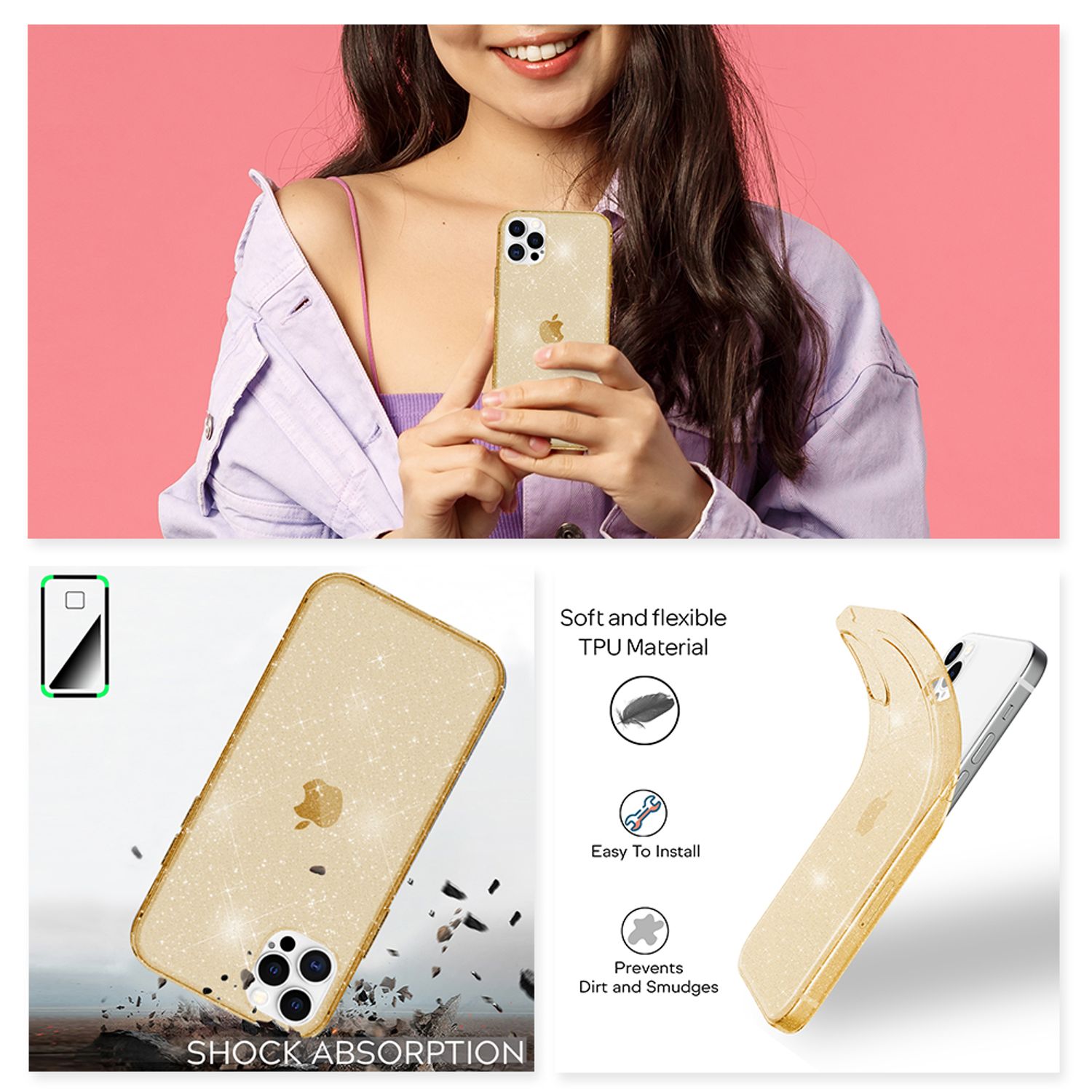 NALIA Glitzer Hülle für iPhone 12 Pro Max, Bling Handy Cover Schutz Glitter Case Gold NALIA Transparente Hülle