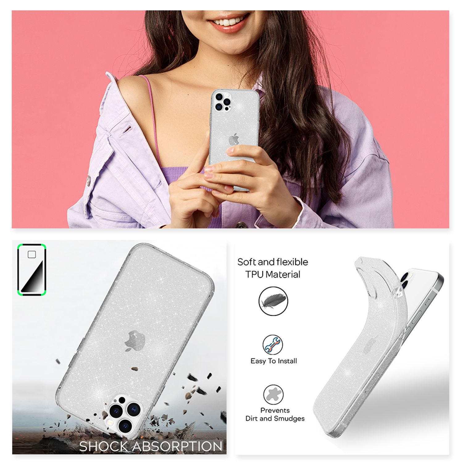 NALIA Glitzer Hülle für iPhone 12 Pro Max, Bling Handy Cover Schutz Glitter Case Transparent NALIA Transparente Hülle