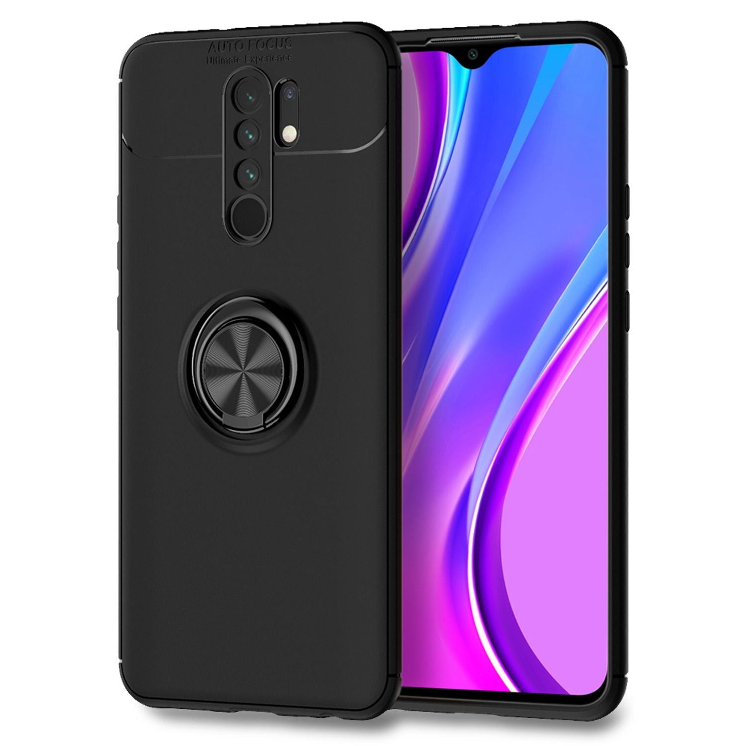 NALIA Ring Handy Hülle für Xiaomi Redmi 9, Silikon Case Cover mit Finger Halter Schwarz NALIA Protective Hülle
