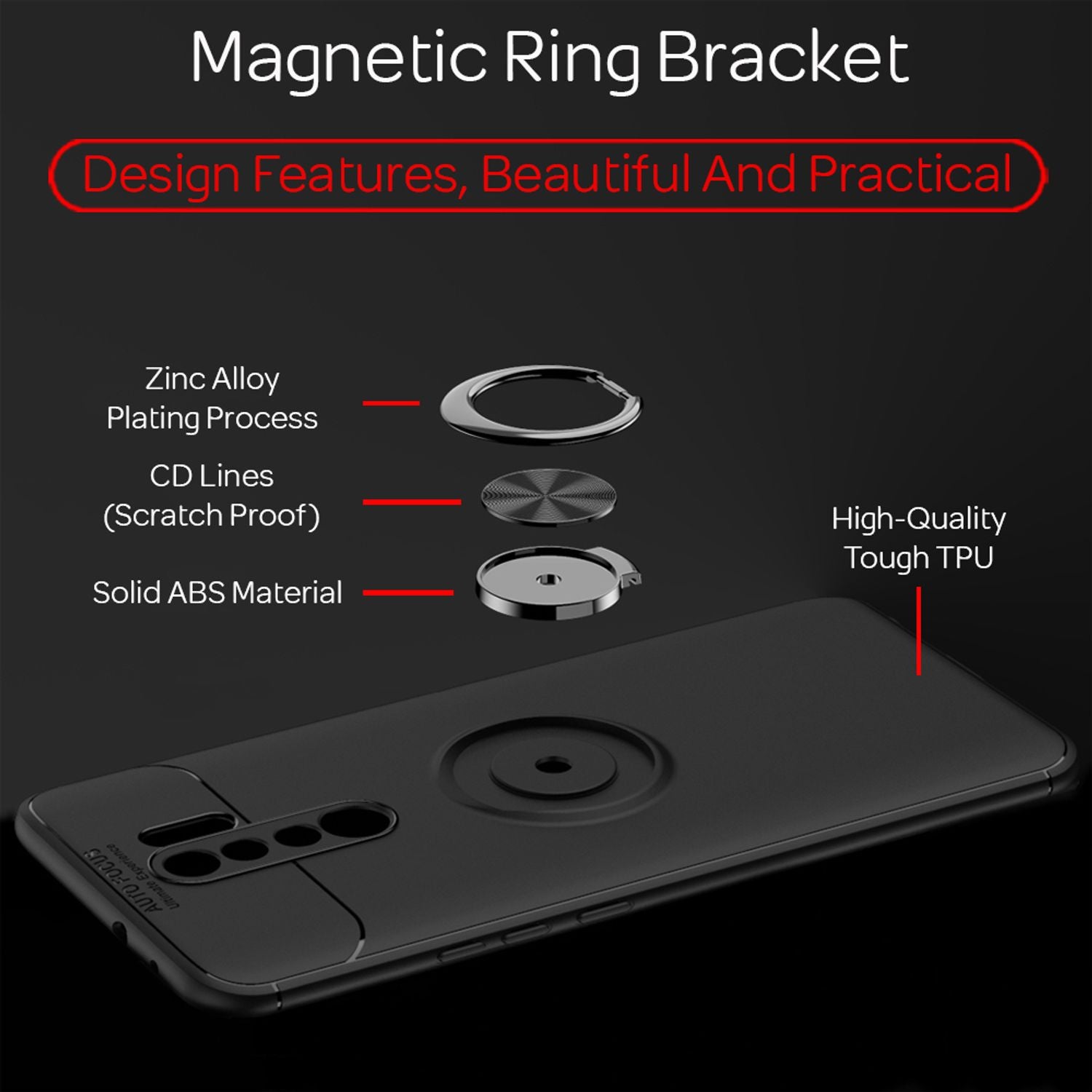 NALIA Ring Handy Hülle für Xiaomi Redmi 9, Silikon Case Cover mit Finger Halter Schwarz NALIA Protective Hülle