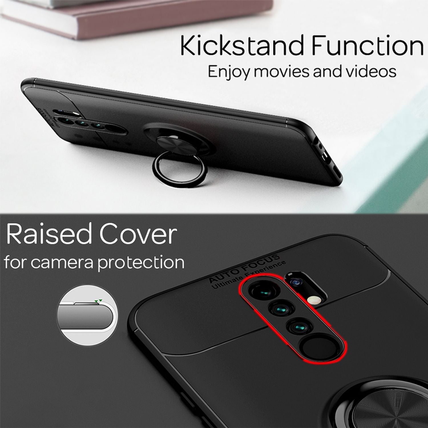 NALIA Ring Handy Hülle für Xiaomi Redmi 9, Silikon Case Cover mit Finger Halter Schwarz NALIA Protective Hülle