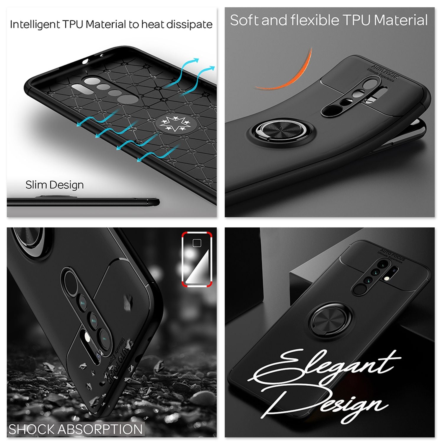 NALIA Ring Handy Hülle für Xiaomi Redmi 9, Silikon Case Cover mit Finger Halter Schwarz NALIA Protective Hülle