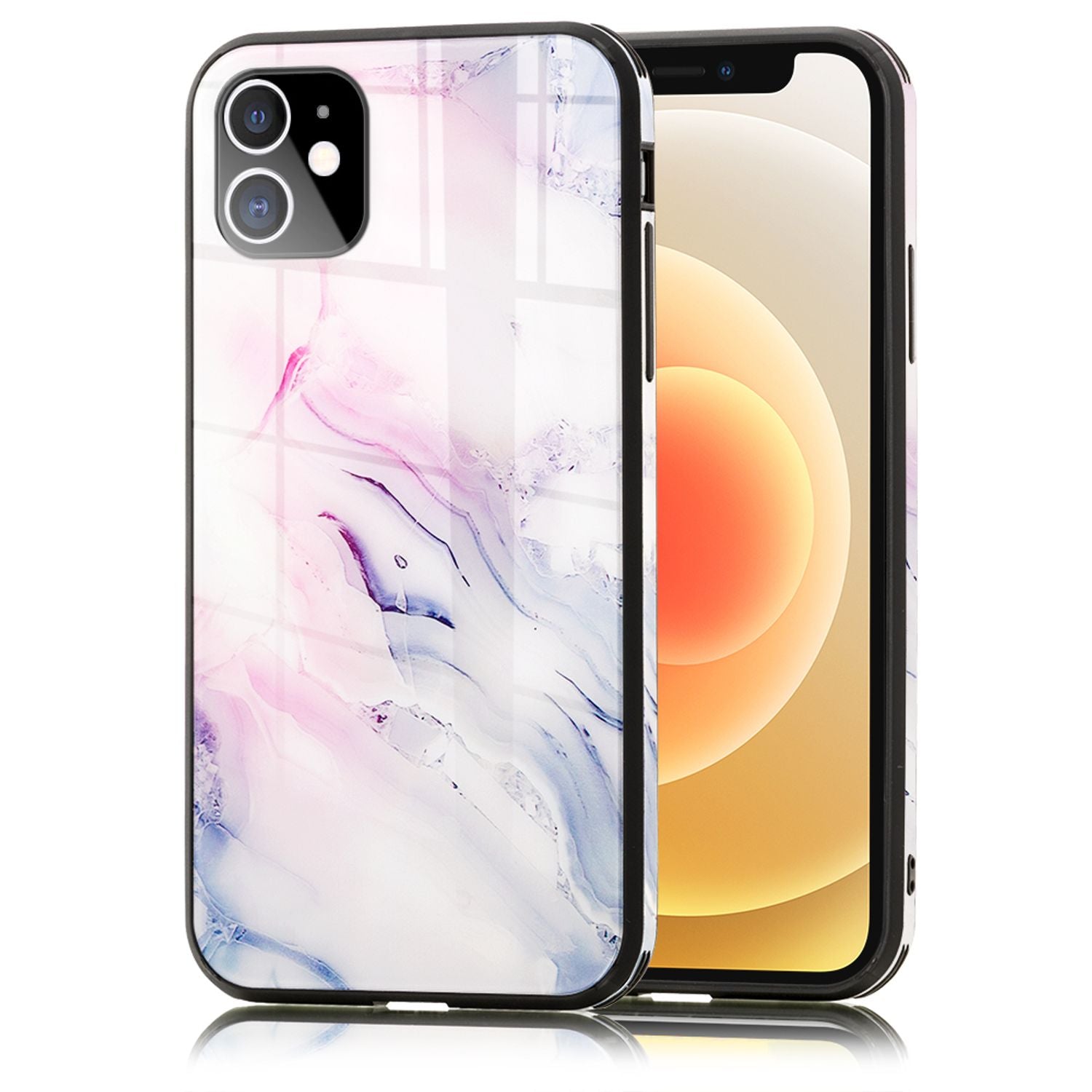 NALIA Marmor Case für iPhone 12 mini, 9H Glas Cover Handy Hülle Schutz Kratzfest Pink Blau NALIA Protective Hülle