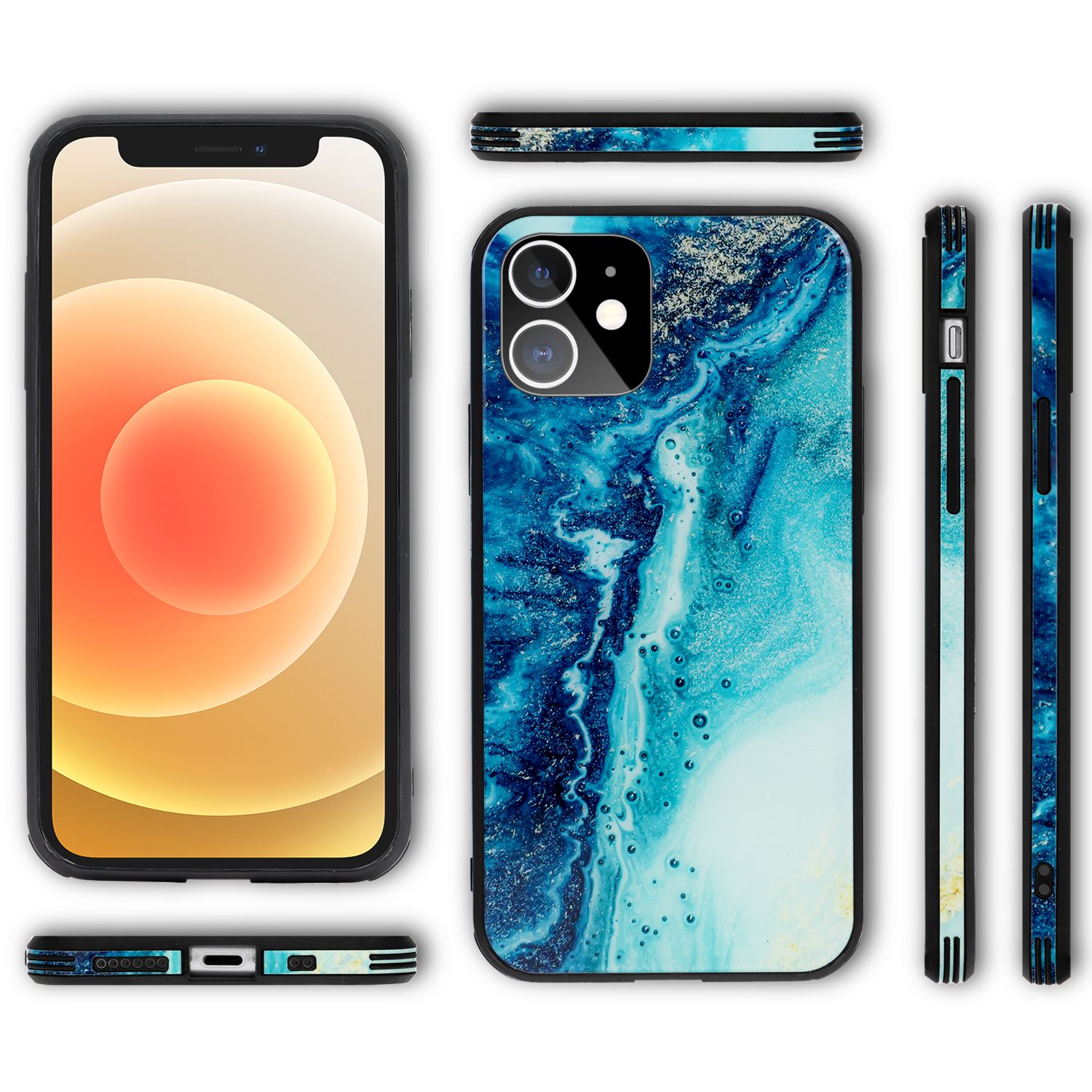 NALIA Marmor Case für iPhone 12 mini, 9H Glas Cover Handy Hülle Schutz Kratzfest Blau Türkis NALIA Protective Hülle