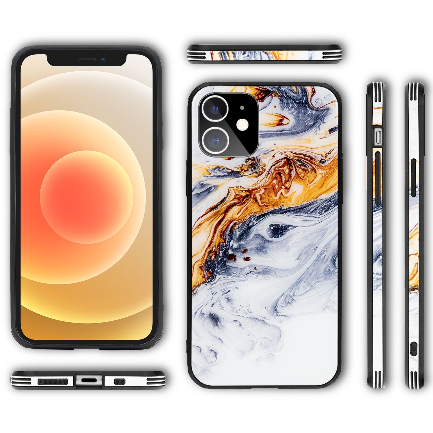 NALIA Marmor Case für iPhone 12 mini, 9H Glas Cover Handy Hülle Schutz Kratzfest Gold Grau NALIA Protective Hülle