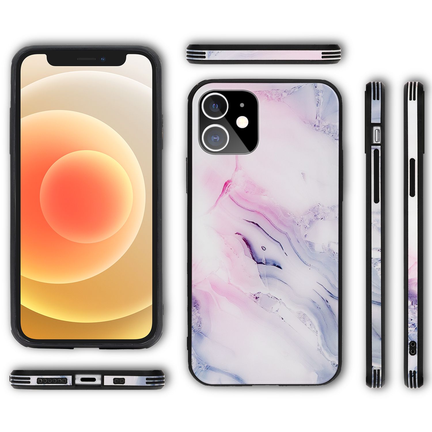 NALIA Marmor Case für iPhone 12 mini, 9H Glas Cover Handy Hülle Schutz Kratzfest Pink Blau NALIA Protective Hülle