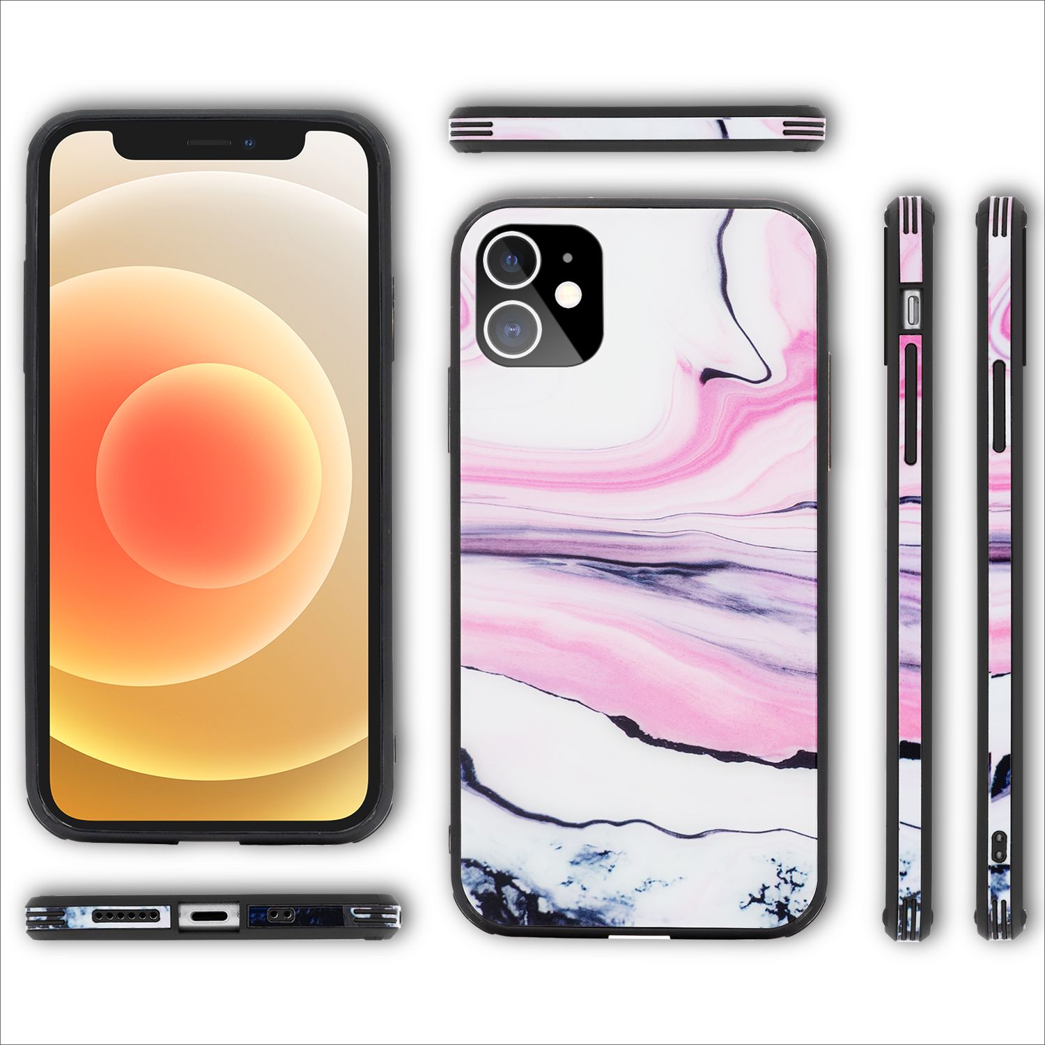 NALIA Marmor Case für iPhone 12 mini, 9H Glas Cover Handy Hülle Schutz Kratzfest Pink Lila NALIA Protective Hülle