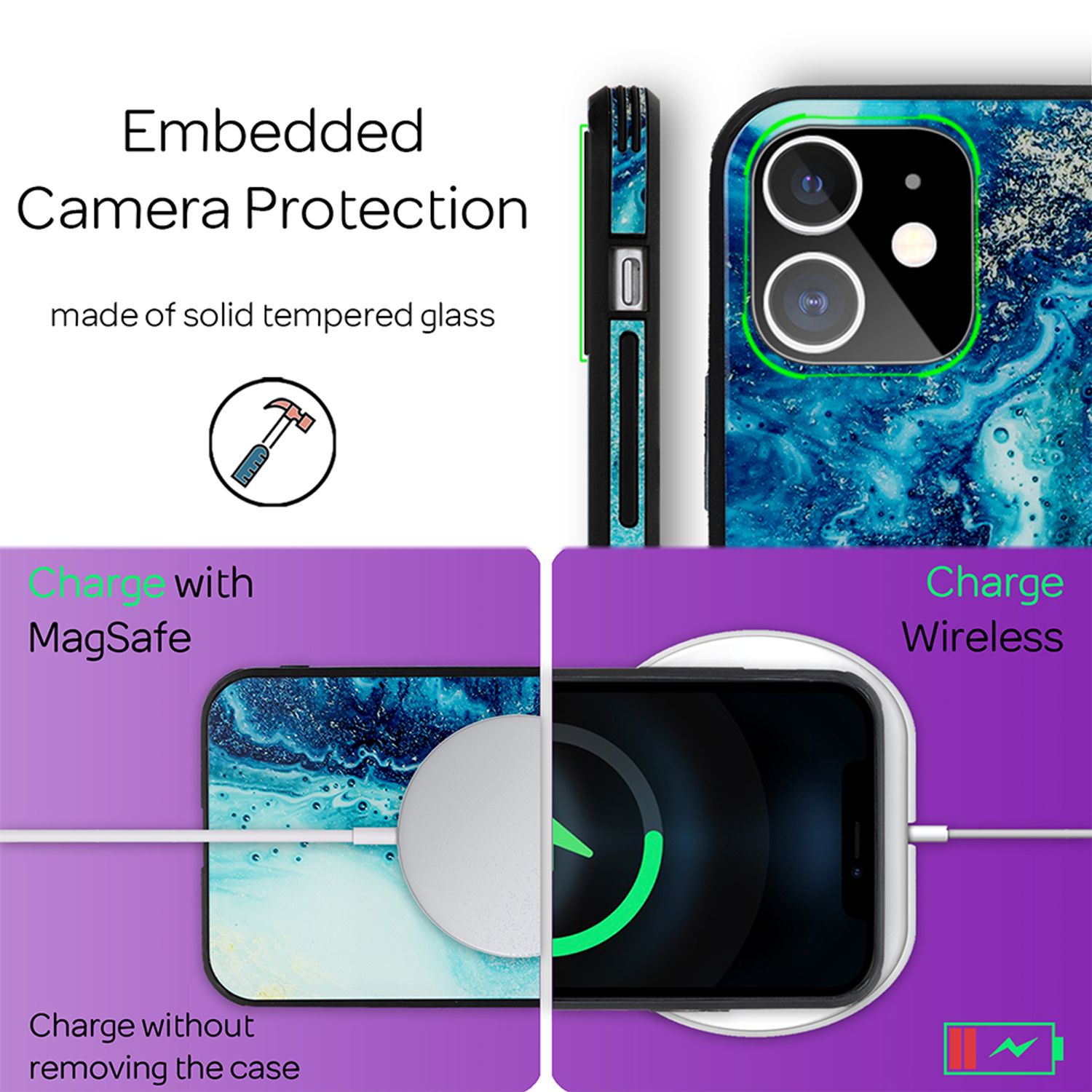 NALIA Marmor Case für iPhone 12 mini, 9H Glas Cover Handy Hülle Schutz Kratzfest Blau Türkis NALIA Protective Hülle