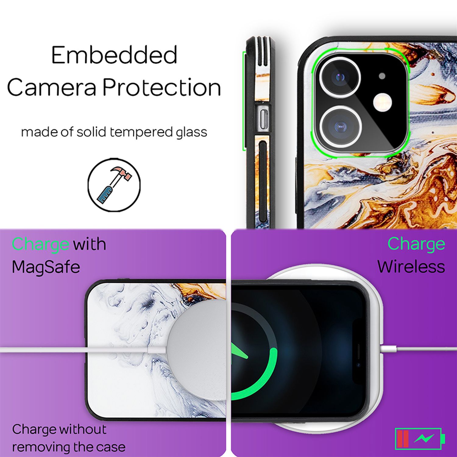 NALIA Marmor Case für iPhone 12 mini, 9H Glas Cover Handy Hülle Schutz Kratzfest Gold Grau NALIA Protective Hülle