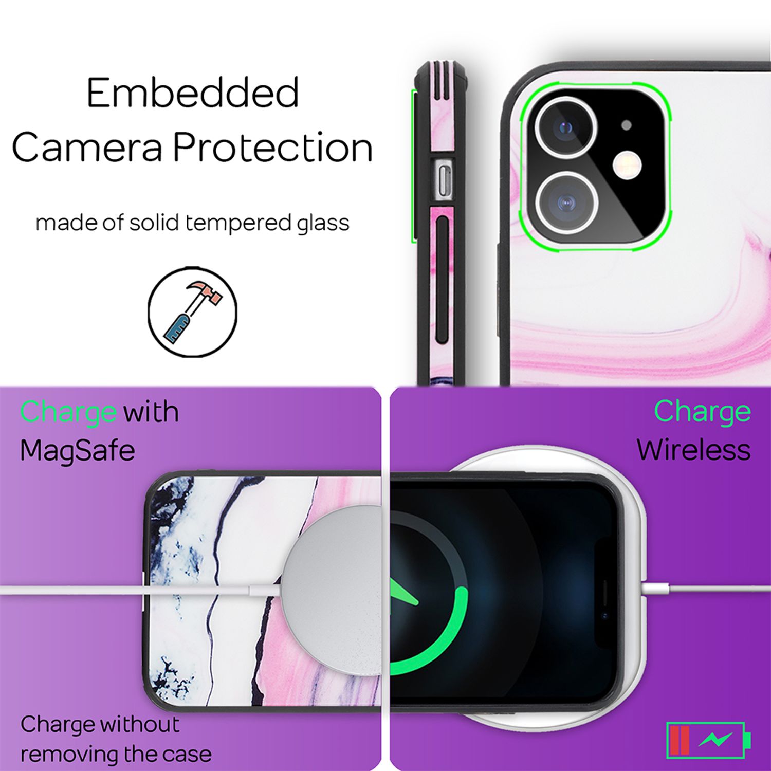 NALIA Marmor Case für iPhone 12 mini, 9H Glas Cover Handy Hülle Schutz Kratzfest Pink Lila NALIA Protective Hülle