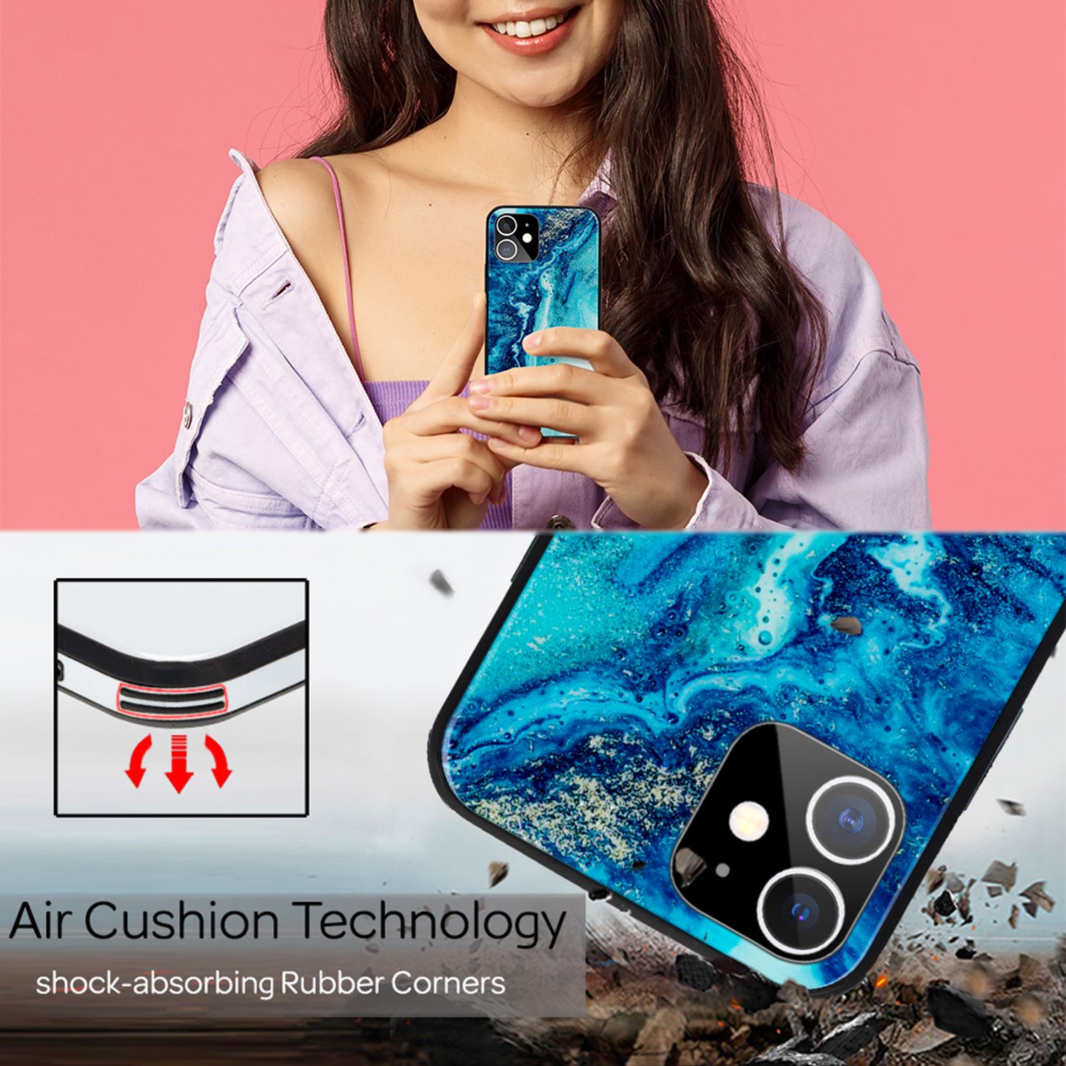 NALIA Marmor Case für iPhone 12 mini, 9H Glas Cover Handy Hülle Schutz Kratzfest Blau Türkis NALIA Protective Hülle